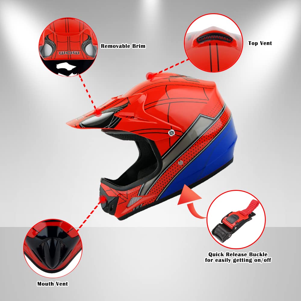 **WOW Youth Motocross Helmet MX BMX Bike Helmet with Spider Web Design - Includes Goggles & Martian Spider Black Gloves (HJOY-W MG Bundle) - Perfect for Kids' Dirt Bike, ATV & Off-Road Riding**