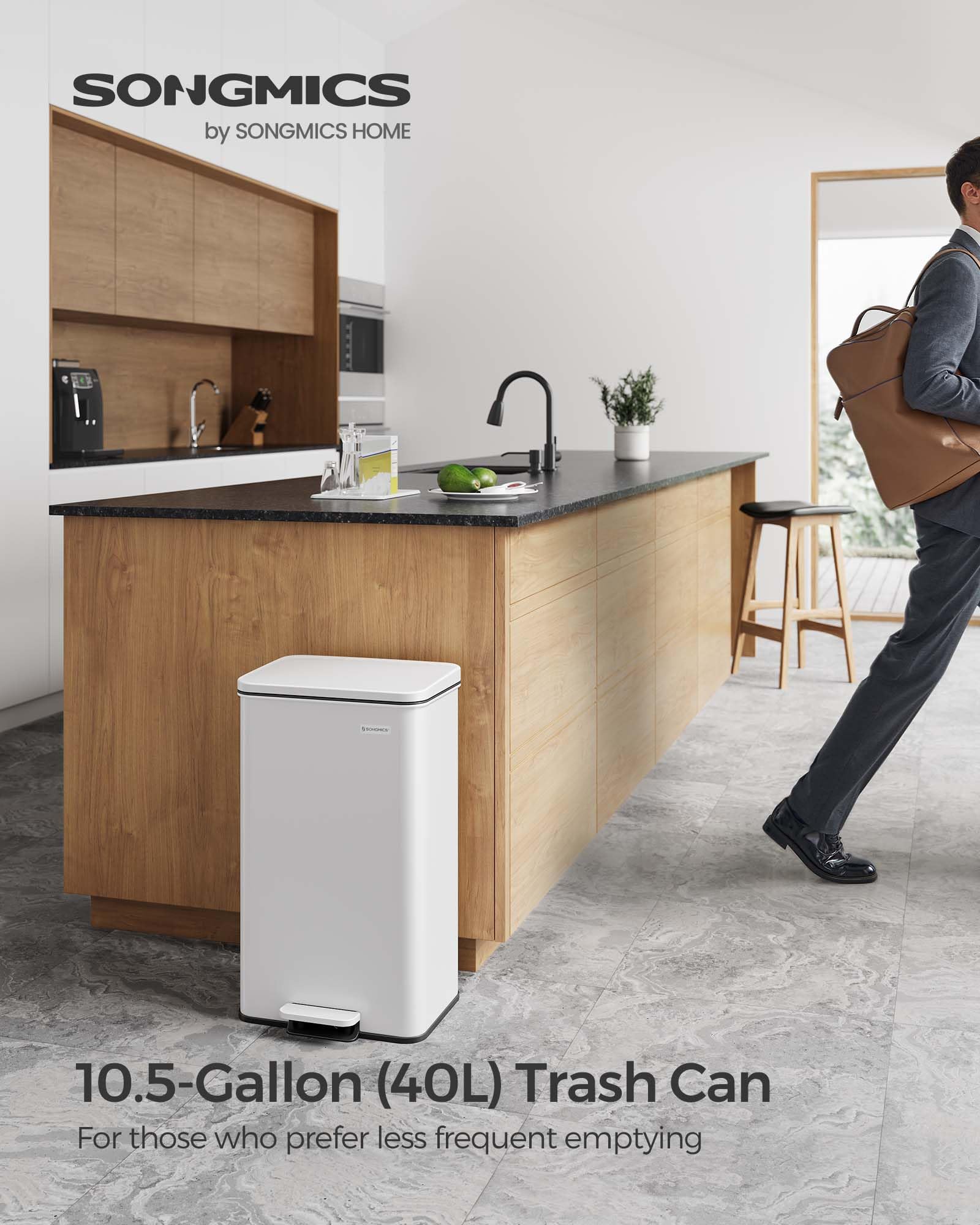 SONGMICS 10.5 Gallon Stainless Steel Step Trash Can with Lid - 40L Large Kitchen Garbage Bin, Soft Close Design, Includes 15 Trash Bags (White) - Perfect for Home, Office, and Restaurant Use