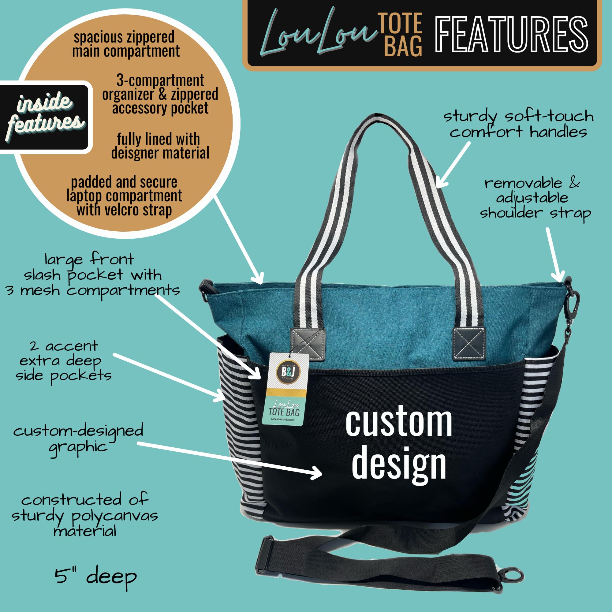 Custom Personalized Laptop Tote Bag for Women - Durable Work & Travel Computer Bag with Zipper Closure & Interior Pockets (Teal) - Perfect for Office, Business Trips & Daily Commute