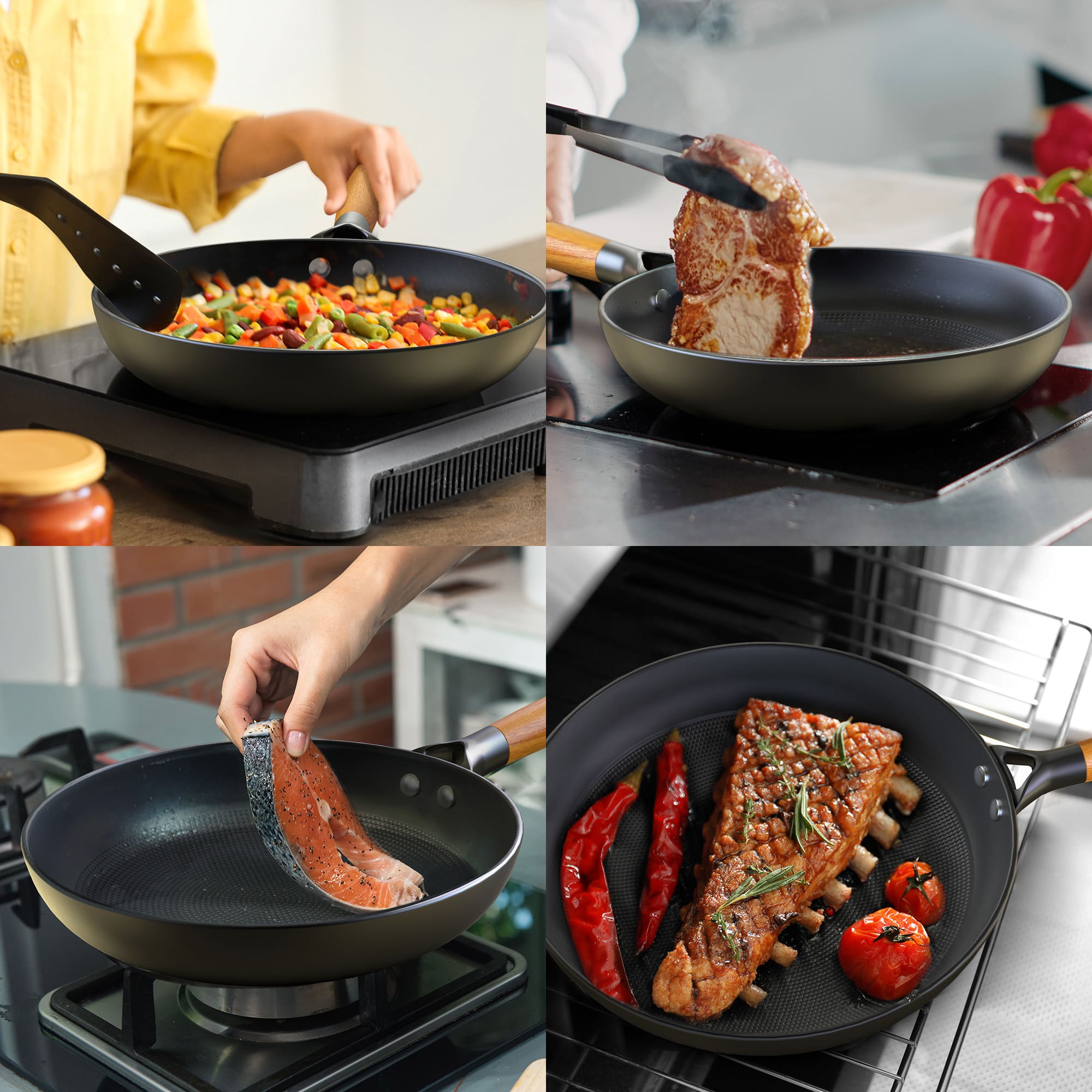 Non-Stick Frying Pan Set with Wooden Handle - 8