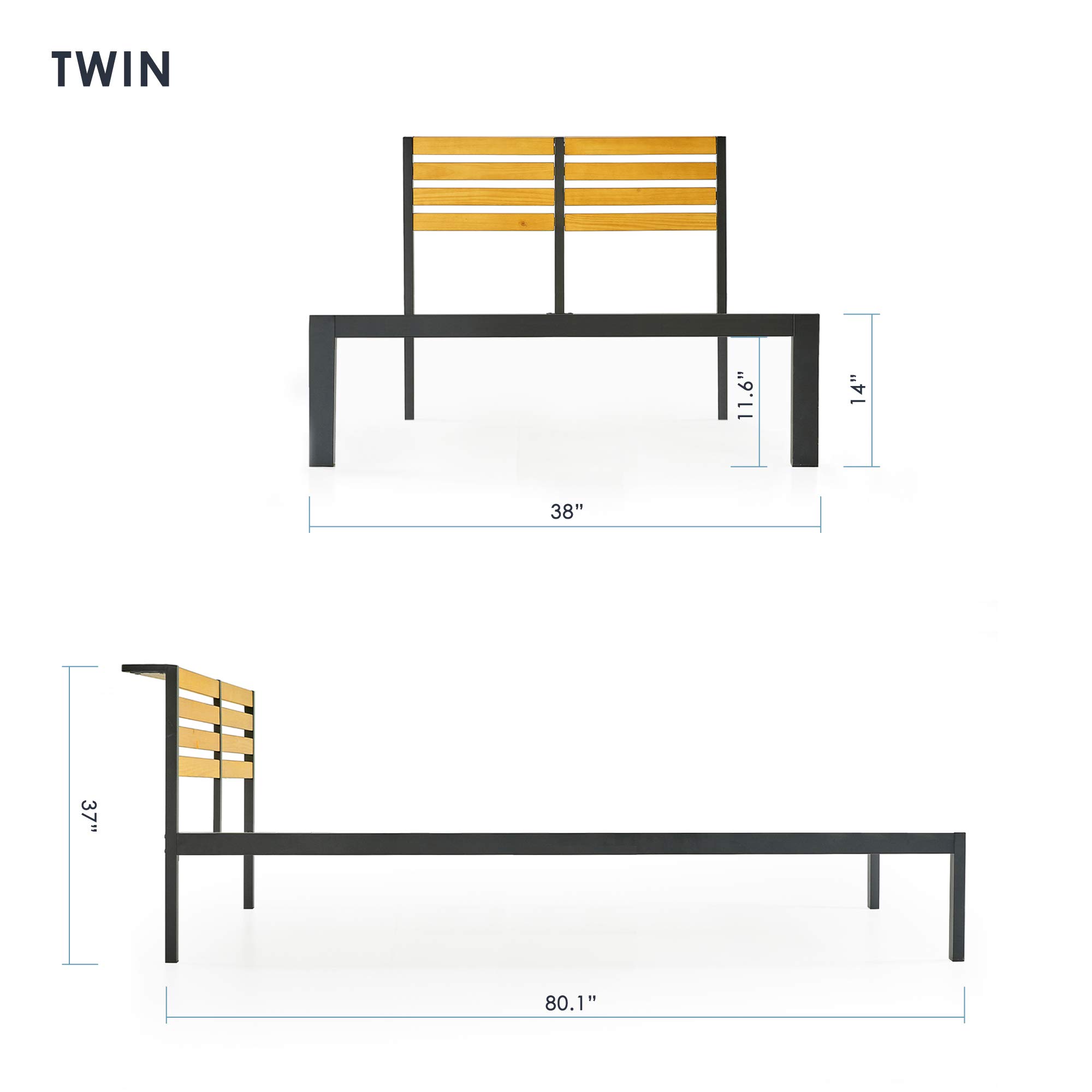 Mellow Kasi Solid Pine Wood Metal Platform Bed with Panel Headboard Shelf - Twin Size, Easy Assembly - Perfect for Kids Rooms, Guest Bedrooms & Small Spaces