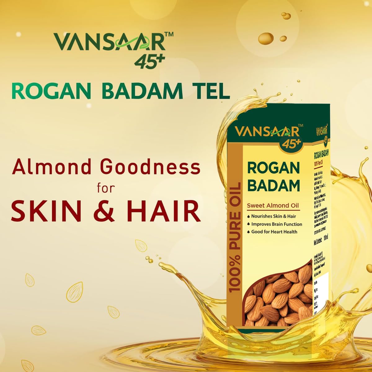 Vansaar 45+ Rogan Badam Oil - 50ml | 100% Pure Natural Cold Pressed Sweet Almond Oil for Skin & Hair Care | Made with Premium Californian Almonds | Perfect for Massage, Aromatherapy & DIY Beauty Recipes