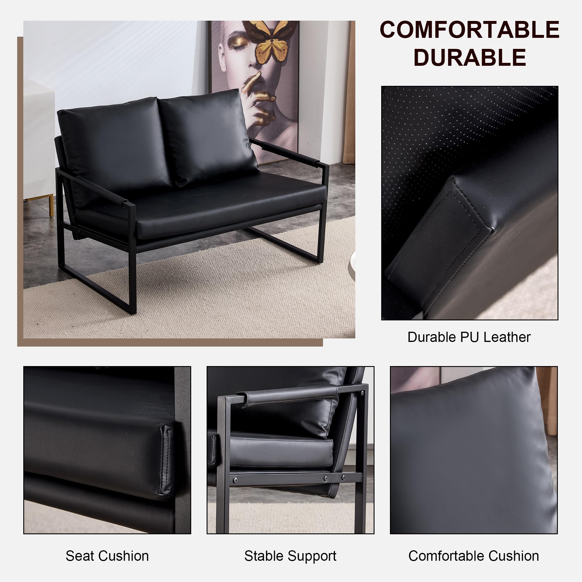 Rustic Faux Leather Loveseat Sofa Bed - Convertible Sleeper Couch for Small Spaces, Guest Room & Apartment with Sturdy Metal Frame & Plush Cushions - Easy Assembly (Black) | Perfect for Studio Apartments, Dorm Rooms & Cozy Living Spaces