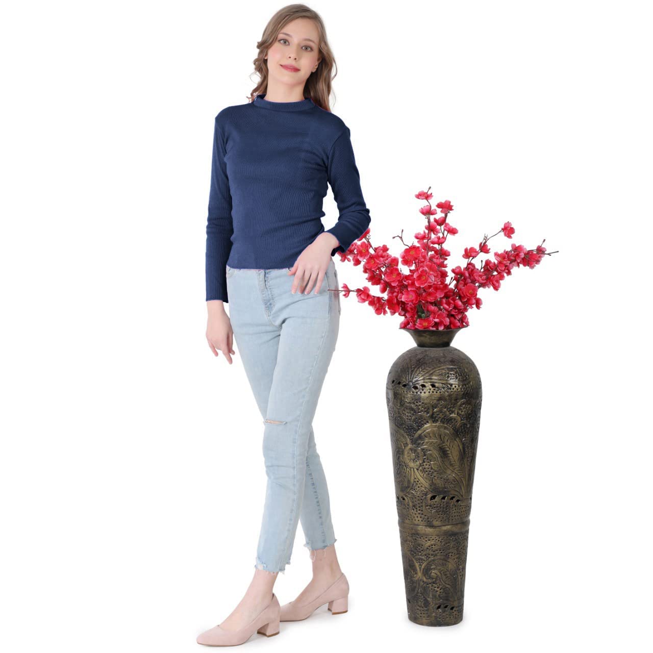RZLECORT Women's Ribbed Polo Neck Long Sleeve T-Shirt - Casual Workwear & Everyday Comfort Stretch Knit Top for Office, Outings & Layering