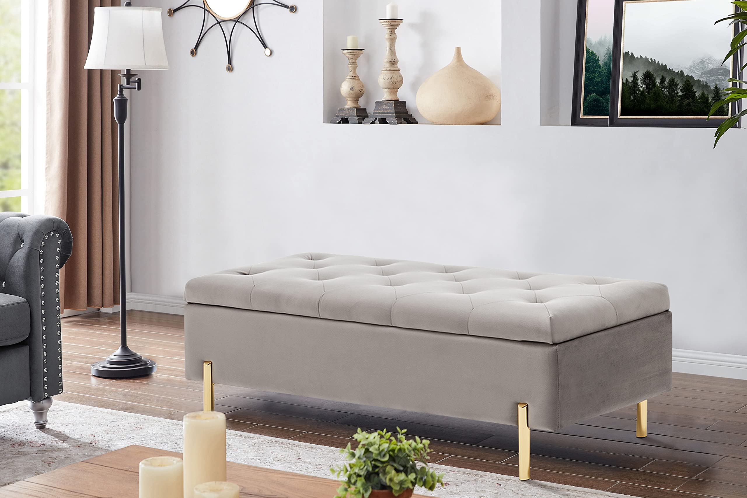 Velvet Upholstered Tufted Storage Bench with Gold Legs - Gray Rectangular Ottoman for Bedroom, Living Room & Entryway - Perfect for Extra Seating, Shoe Storage & Home Decor