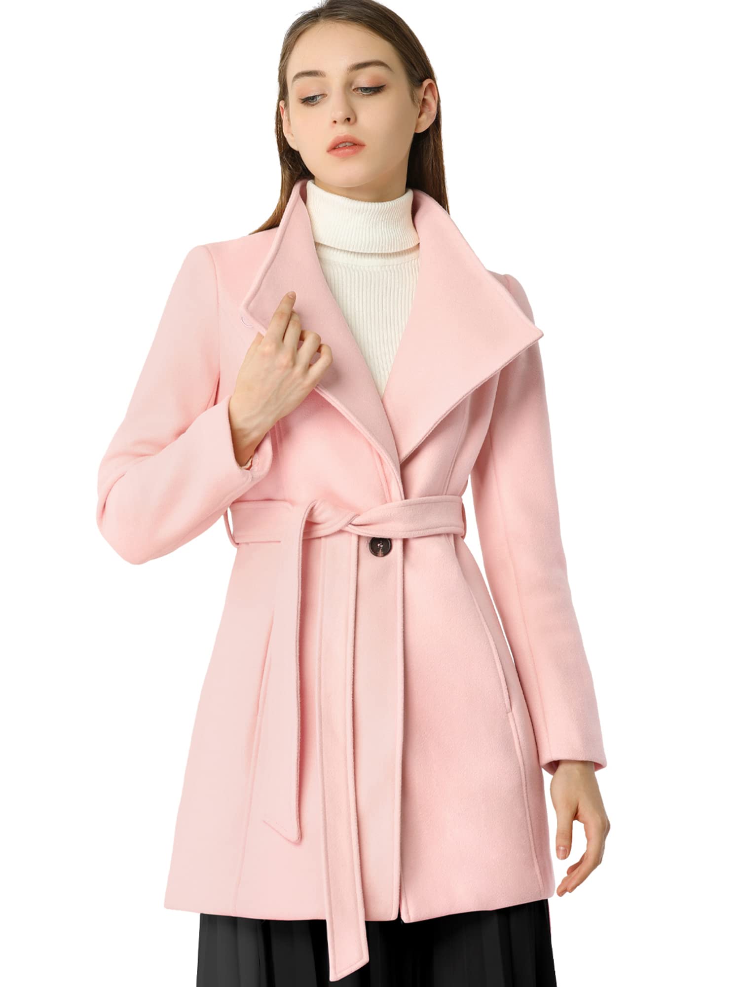 Allegra K Women's Classic Stand Collar Long Sleeve Winter Belted Trench Coat - Warm Wool Blend Outerwear for Office, Travel & Formal Occasions