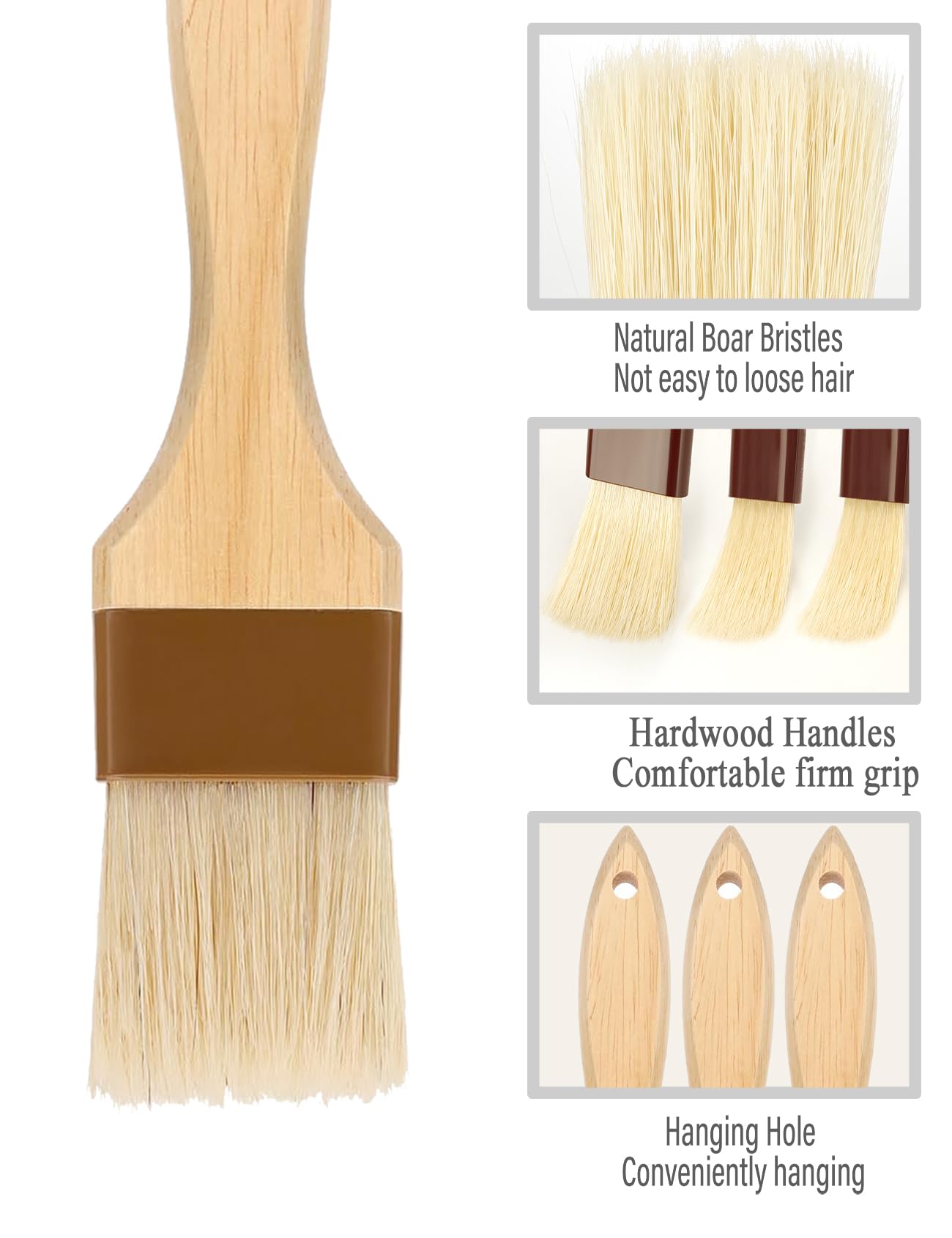 Natural Bristle Pastry Brush Set - 3 Pack for Baking, BBQ & Cooking - Wooden Handle Oil & Sauce Brush - Durable Kitchen Utensil