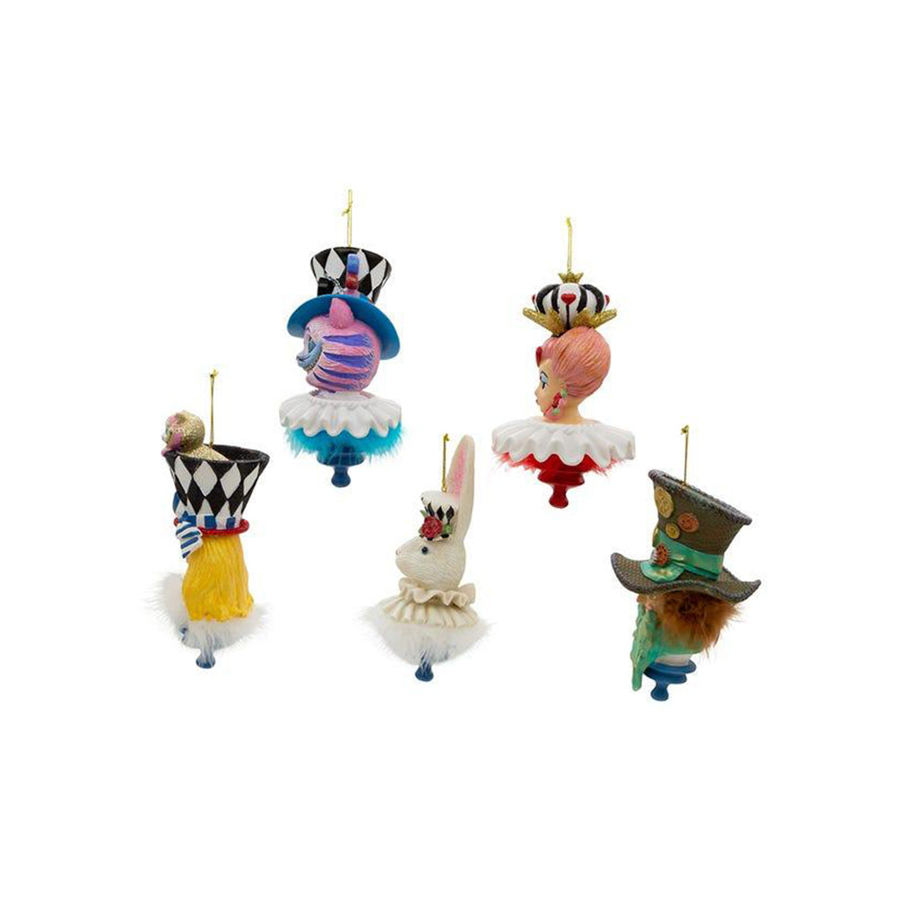 6-Piece Holly Hats™ Alice in Wonderland Themed Christmas Ornament Set - Whimsical Tea Party Decor for Tree, Gift, and Disney-Themed Holiday Decorations