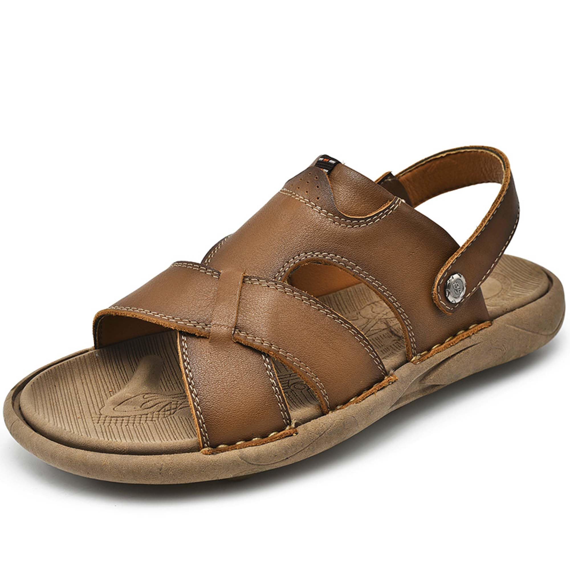 Men's Leather Sandals - Breathable Barefoot Sandals & Slippers Dual-Use | Soft Non-Slip Wear-Resistant for Daily Wear, Travel, Beach, Hiking & Driving | Durable Comfortable Outdoor & Casual Footwear
