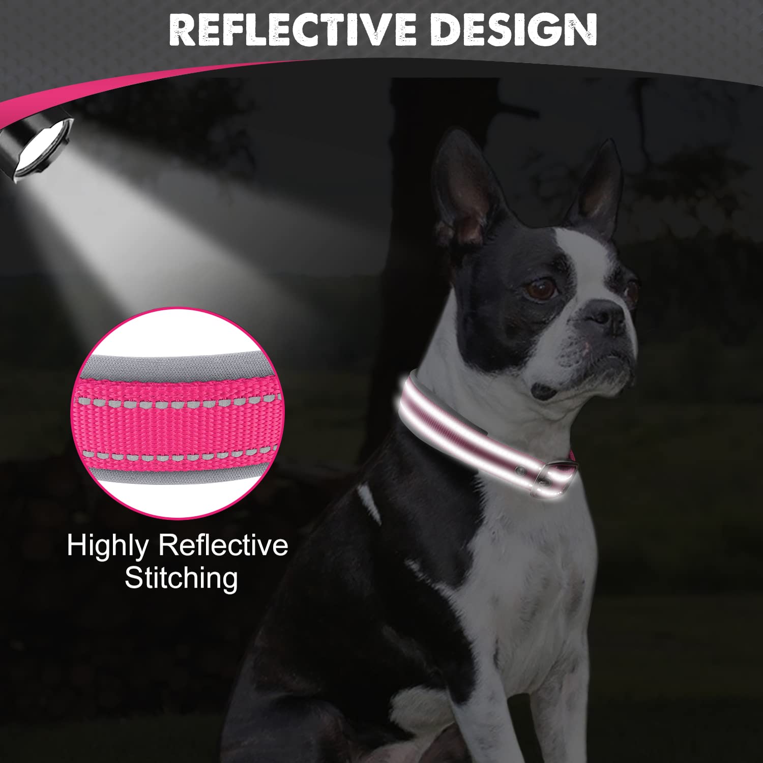 Joytale Adjustable Neoprene Padded Dog Collar for Medium Dogs - Reflective Heavy Duty Pet Collar with Durable Metal Buckle - Hot Pink Size M - Perfect for Walking, Training & Outdoor Adventures
