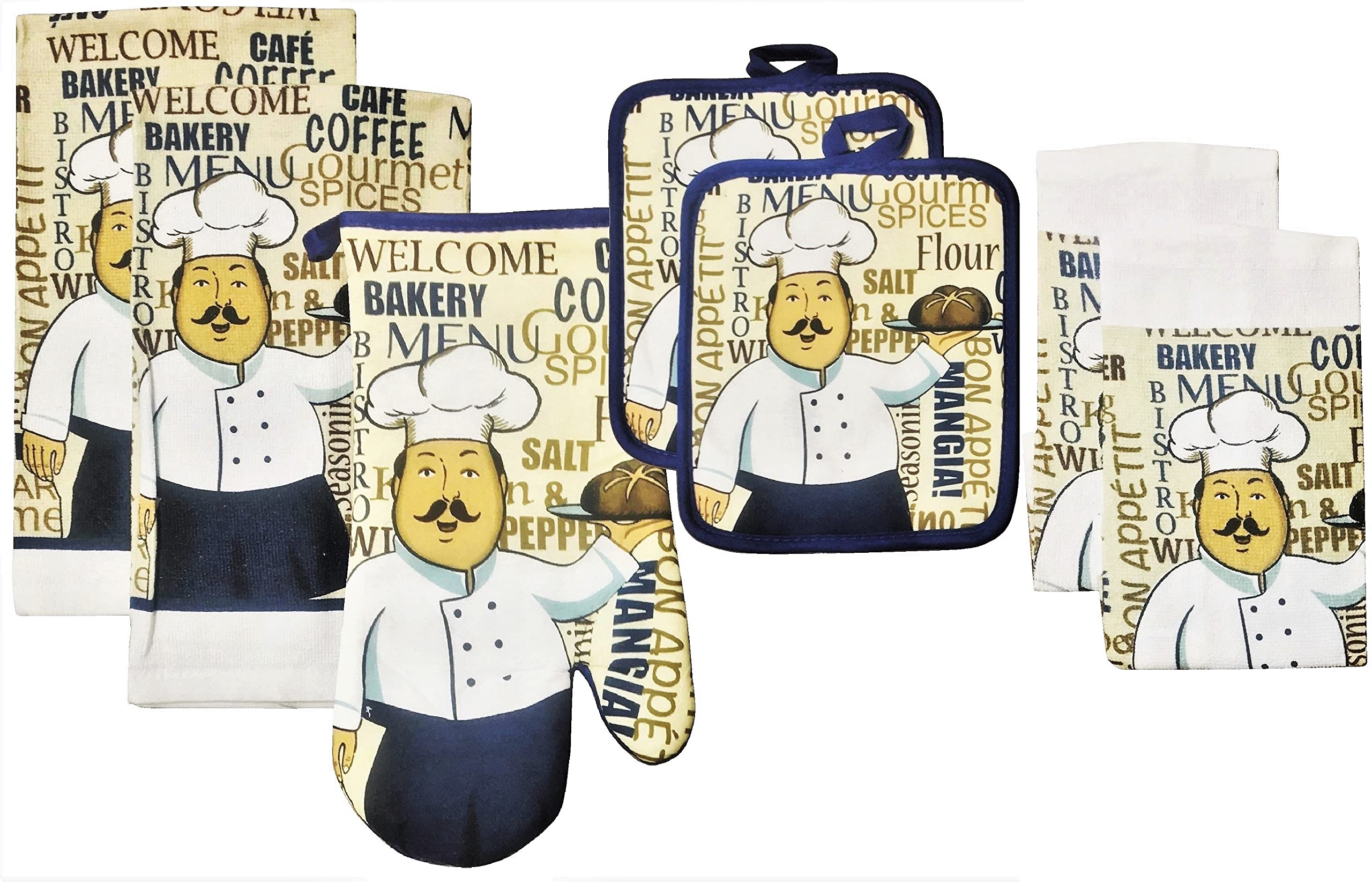Premium 7-Piece Cotton Kitchen Set - 2 Absorbent Towels, 1 Heat-Resistant Oven Mitt, 2 Pot Holders & 2 Dishcloths (Chef Scripts Design) - Perfect for Cooking, Baking & Home Decor