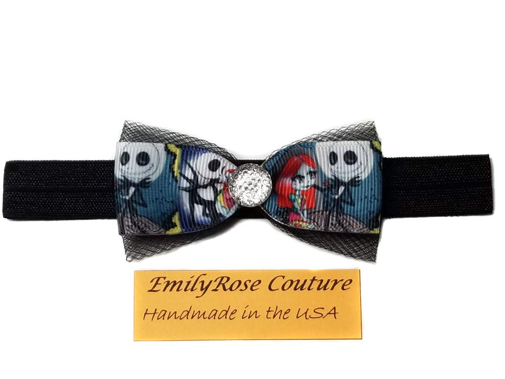 EmilyRose Couture Mini Rhinestone Ribbon Hair Bows for Baby Girls - Small Headband (Newborn to 3 Months) - Sally & Jack Design - Perfect for Newborn Photography, Christening & Special Occasions