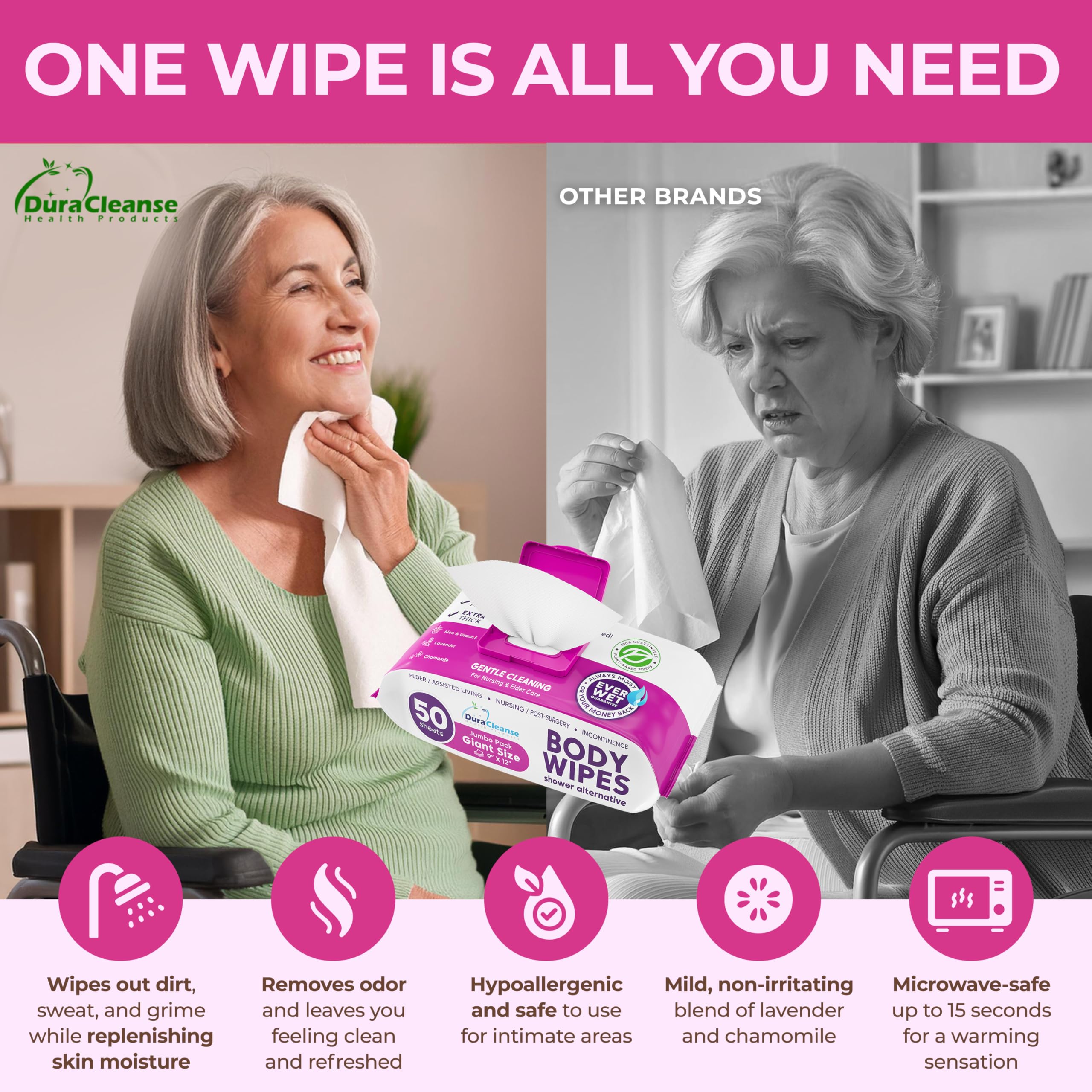 Extra Large Disposable Bath Wipes for Adults - No Rinse Cleansing (50 Count + 4 Travel Wipes) - 9