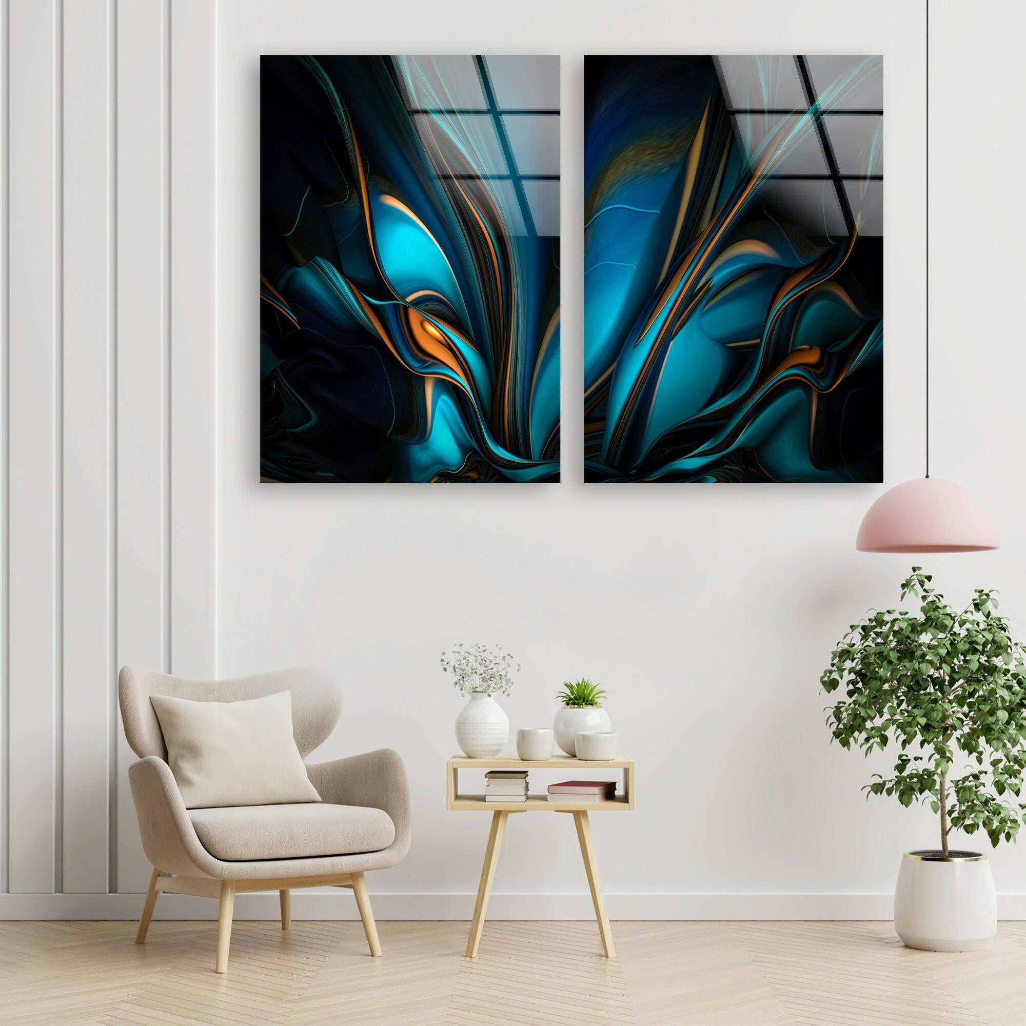 Abstract Blue and Orange Glass Wall Art - Modern Home Decor for Living Room, Bedroom & Office
