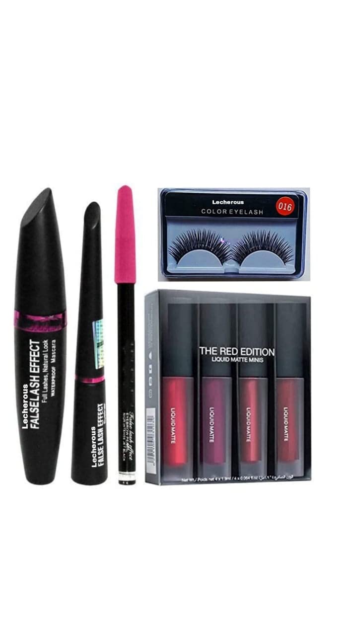 **Waterproof Eyeliner, Mascara, Eyebrow Pencil & Matte Lipstick Set (4-Piece) with False Lashes – Long-Lasting Makeup Kit for Party, Wedding & Everyday Glam**