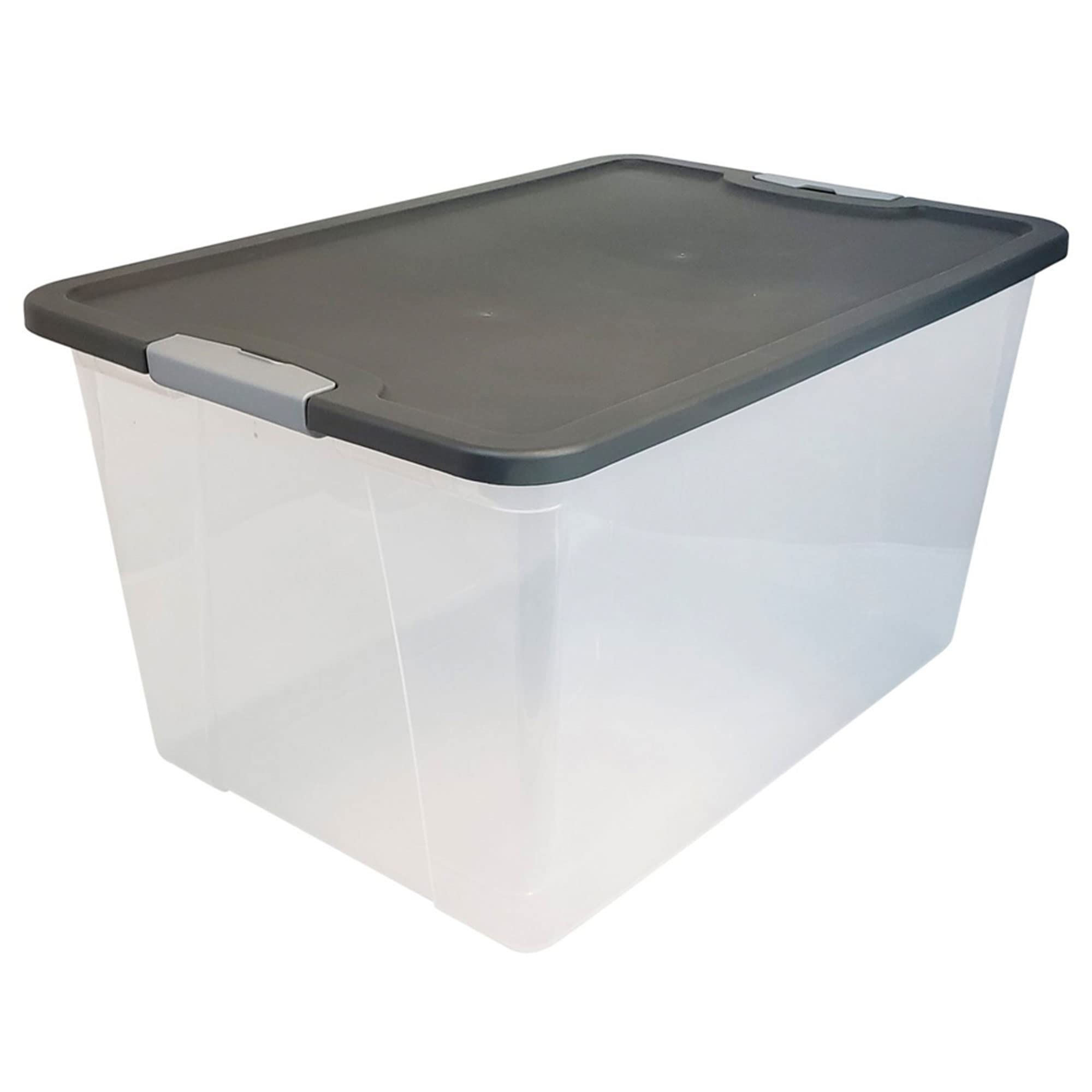 HOMZ 4-Pack 64 Quart Clear Plastic Storage Bins with Secure Latches & Gray Lids - Organize Closet, Pantry, Garage, or Kids' Toys Storage Solutions