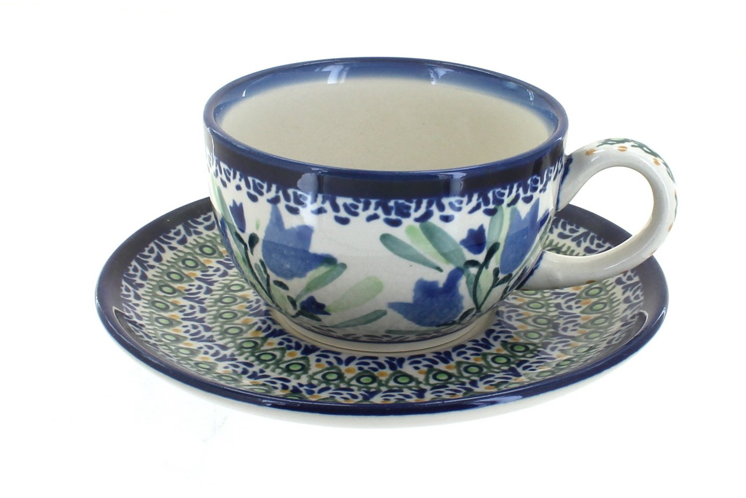 Handmade Polish Pottery Blue Rose & Tulip Cup and Saucer Set - Elegant Tea & Coffee Cup for Home, Office, or Gift Giving