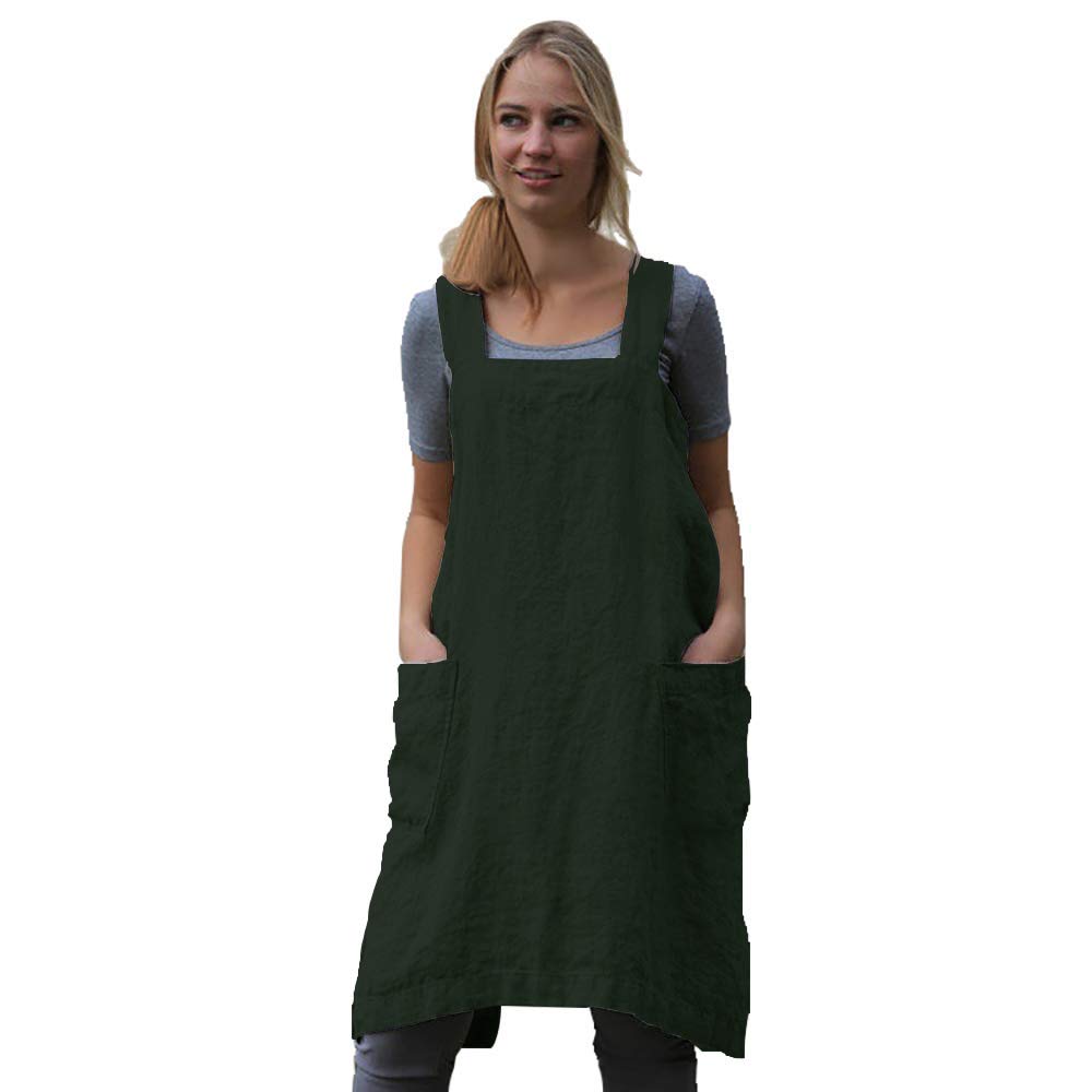 Women's Cross Back Pinafore Apron - Cotton Linen Blend for Baking, Cooking & Gardening - Dark Green XL with 2 Pockets - Perfect for Home Chefs, Bakers and DIY Enthusiasts
