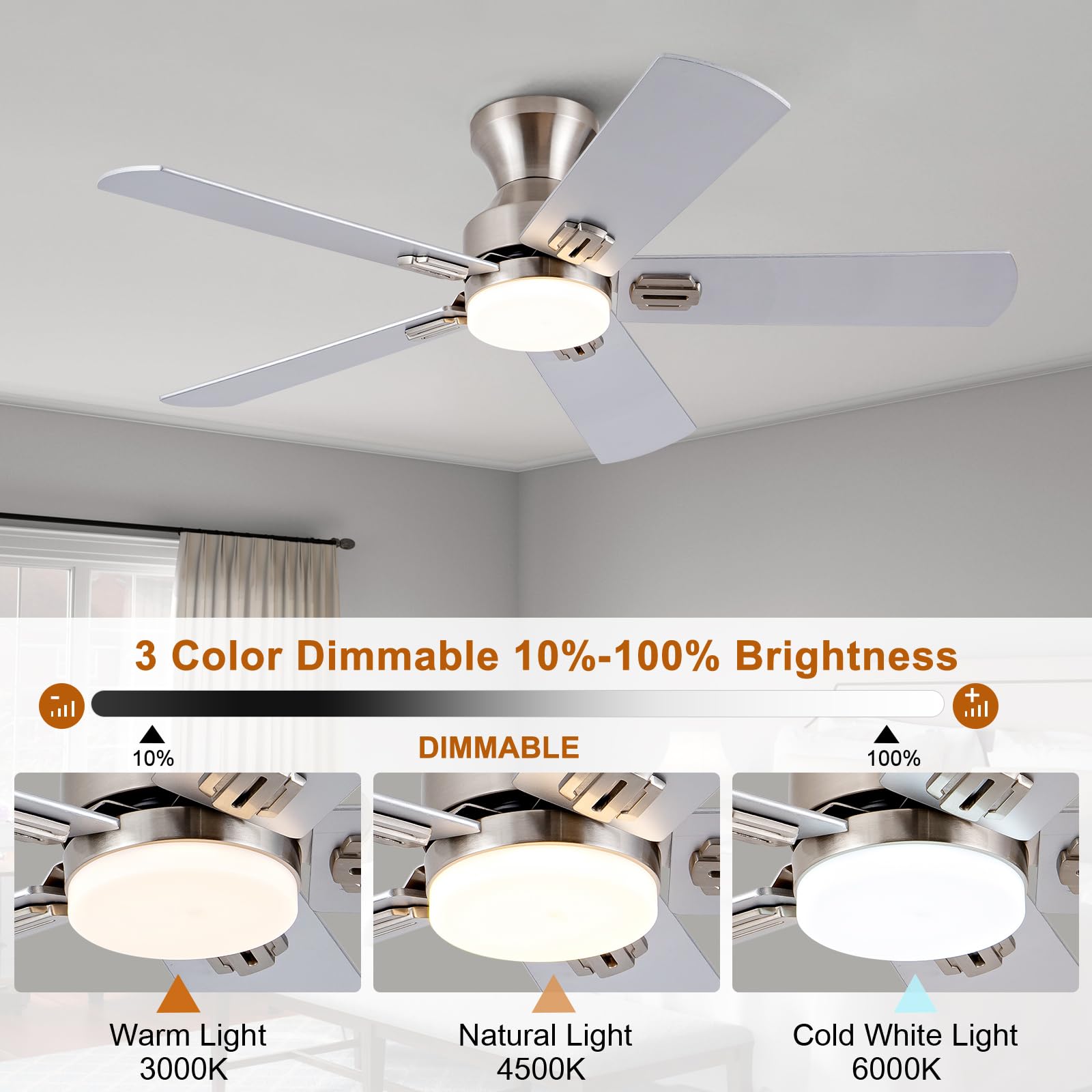 48 Inch Brushed Nickel Ceiling Fan with Light and Remote Control - Low Profile Flush Mount Modern Design, 5 Blades, Dimmable LED Light, 6-Speed DC Motor - Perfect for Bedroom, Living Room, Patio, and Indoor/Outdoor Use