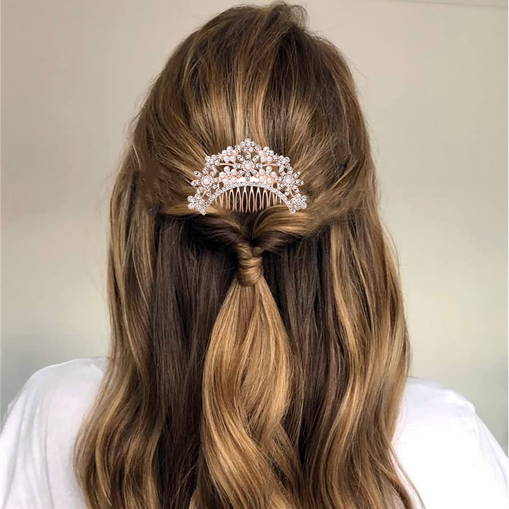 Rose Gold Bridal Hair Combs with Pearls & Rhinestones - 4pc Set for Weddings & Parties