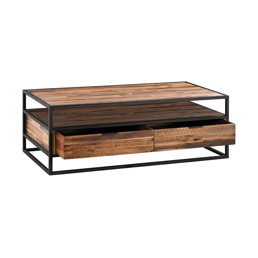 Armen Living Ludgate Rectangle Coffee Table with Shelf - Acacia Wood & Black Metal Frame - Perfect for Living Room, Lounge, or Office