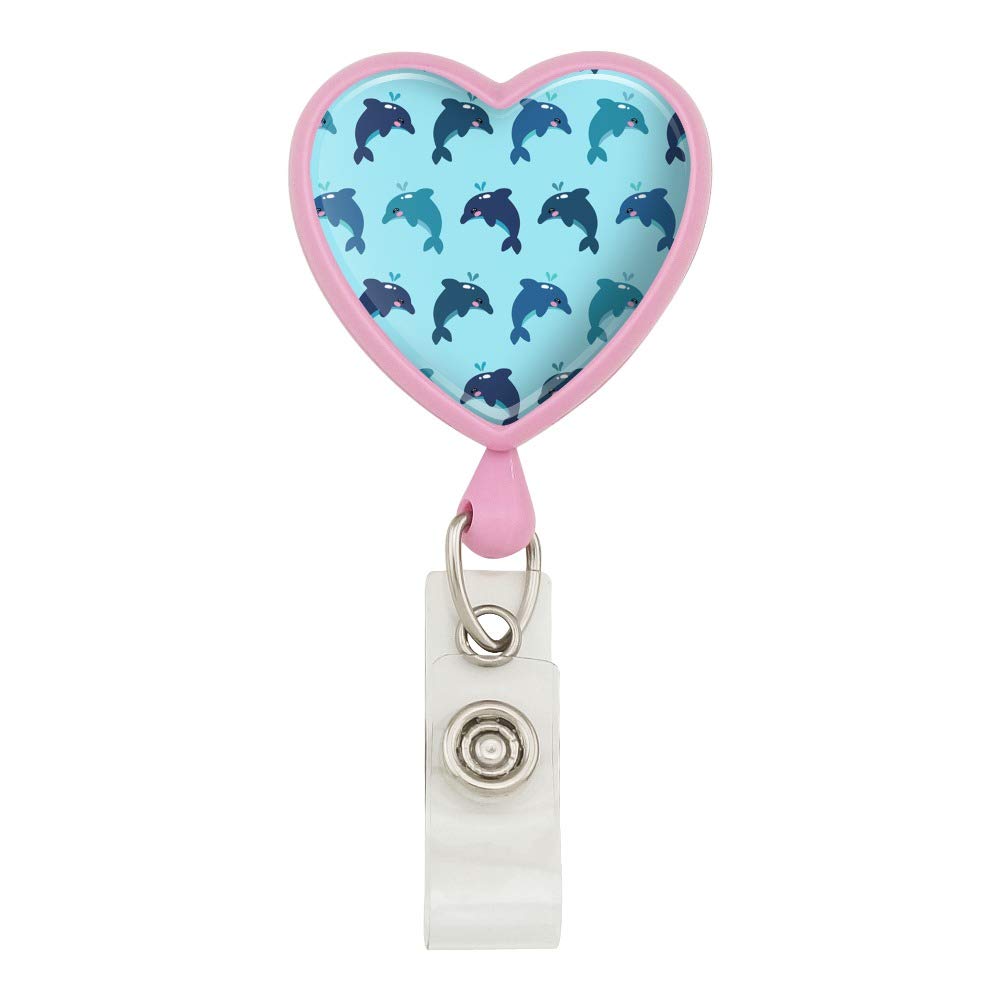 Cute Kawaii Dolphins Pattern Heart Lanyard - Retractable Reel Badge ID Card Holder for Work, School & Events | Durable & Stylish Accessory