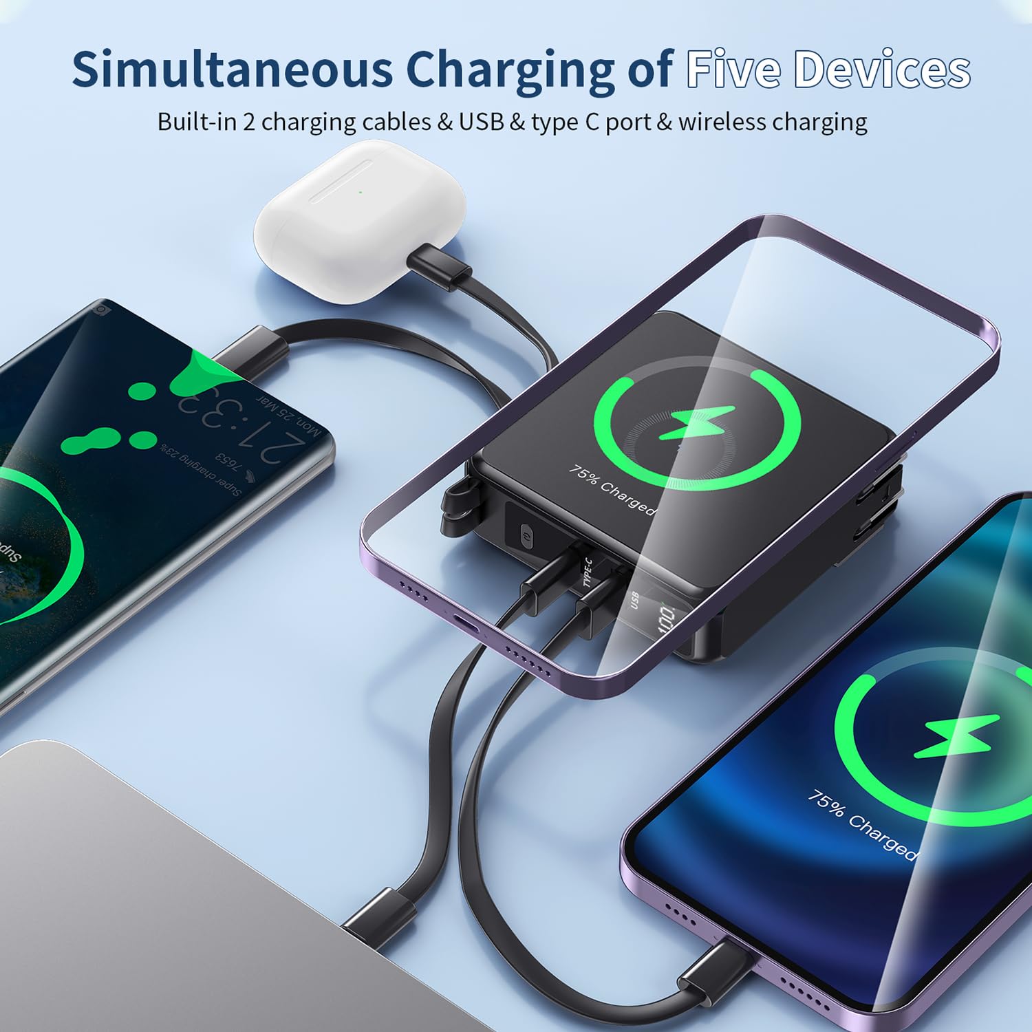 10000mAh Portable Charger with Built-in Cables & AC Wall Plug - 22.5W PD Fast Charging Power Bank, Wireless Charger for iPhone 16/15/14, Samsung S23/S22, Android Phones - Perfect for Travel, Camping & Emergency Power Backup