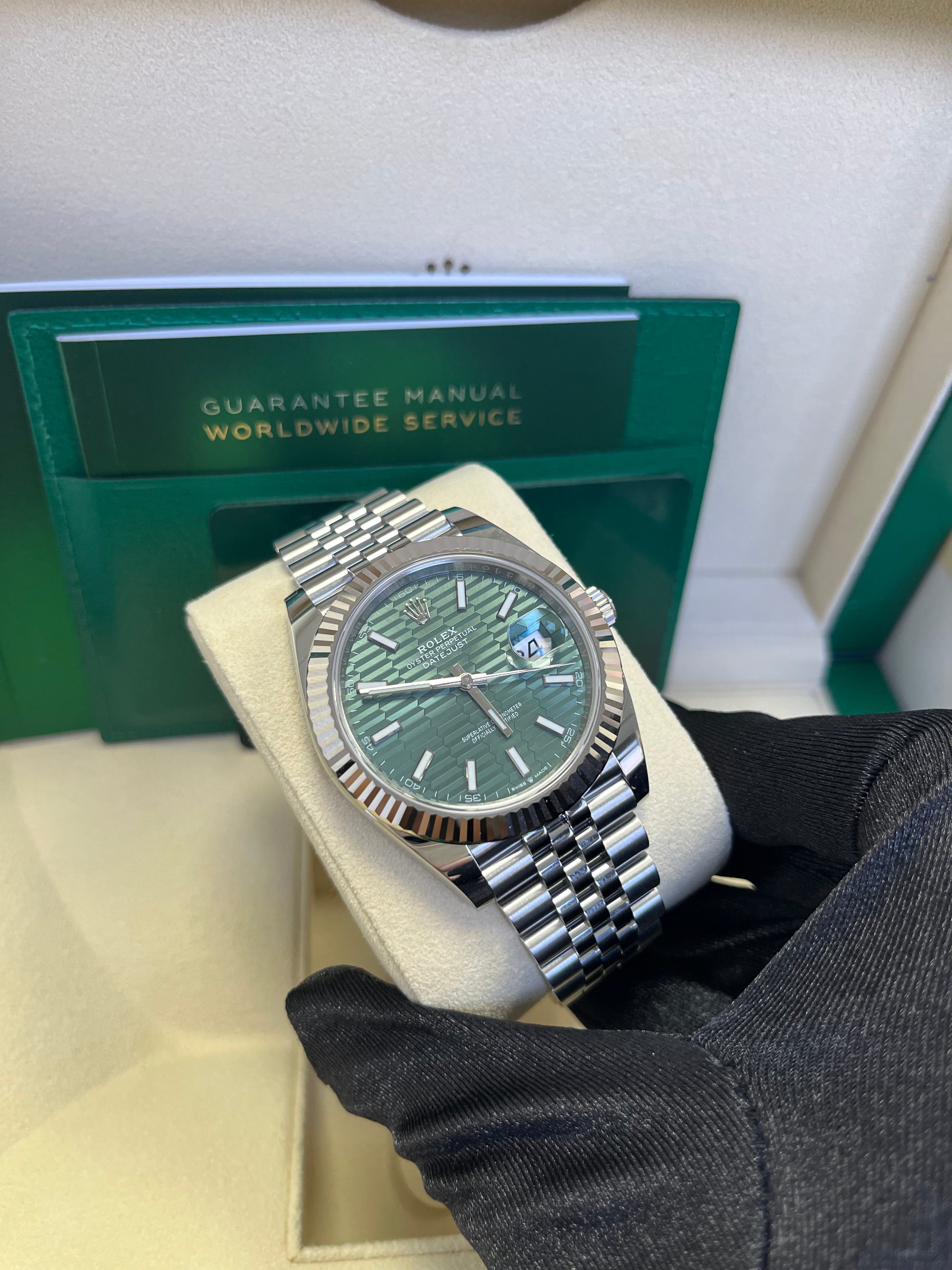 Rolex Datejust 41mm White Gold & Steel Watch with Mint Green Fluted Motif Dial & Fluted Bezel - Jubilee Bracelet Ref#126334 | Luxury Dress Watch for Men, Business & Formal Occasions