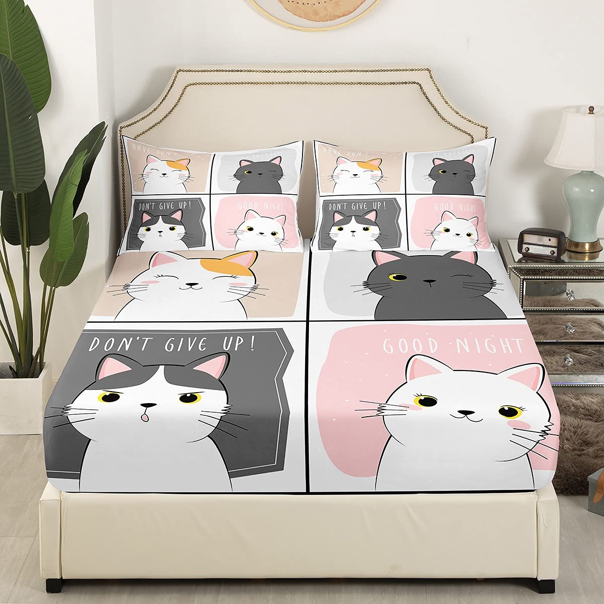Erosebridal Kawaii Cats Queen Size Bed Sheet Set - Pink & Grey Cute Cat Print Bedding for Kids & Teens | Soft Microfiber 4-Piece Set (Fitted Sheet, Flat Sheet, 2 Pillowcases) | Perfect for Girls' Rooms, Dorm Decor & Anime-Themed Bedrooms