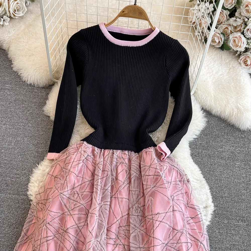 Vintage Long Sleeve Round Neck Knit A-Line Mesh Dress for Women - Fall Winter Fashion, Casual Party Wear, Office Outfit & Holiday Style