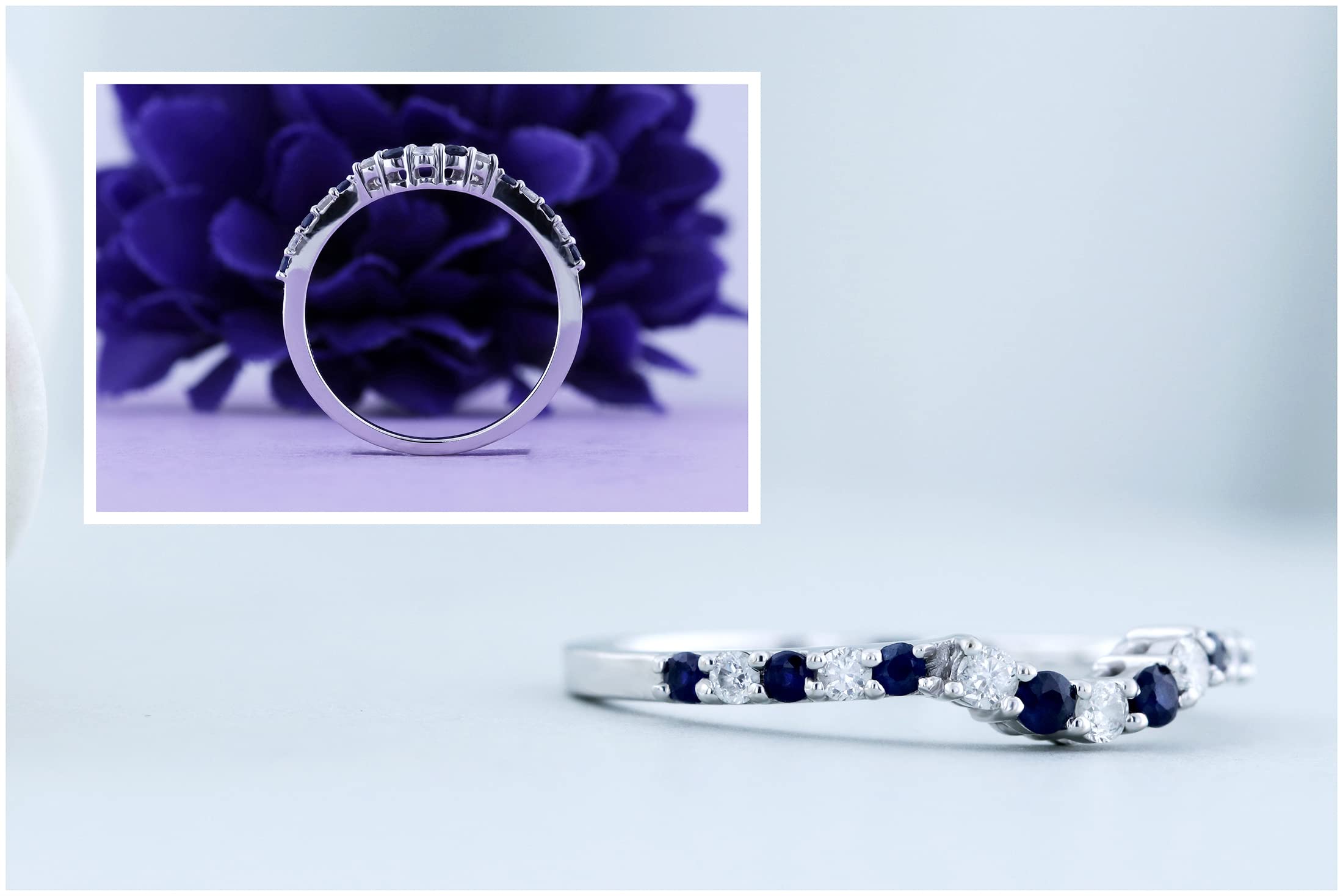 Blue Sapphire & Diamond Wedding Ring for Her in Gold - Elegant Stackable Band