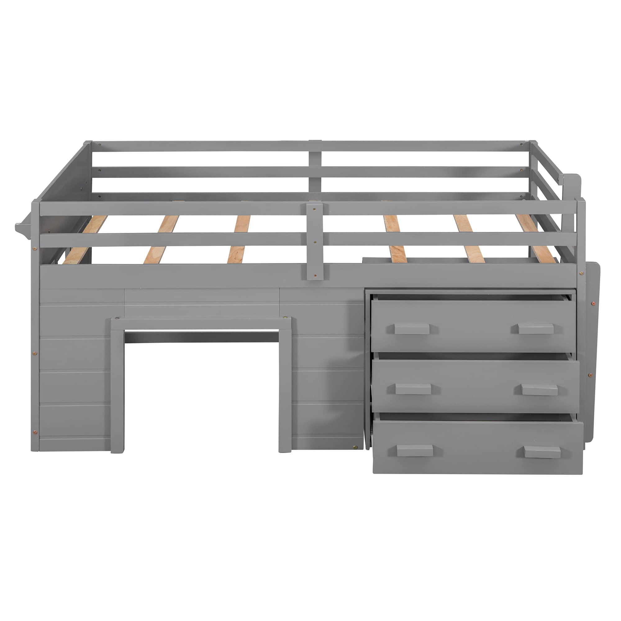 **SOFTSEA Twin Size Loft Bed with Cabinet & Storage Drawers - Solid Wood Low Loft Bed Frame with Guardrails - Playhouse Bed with Built-in Ladder for Kids Bedroom - Easy Assembly - Grey - Perfect for Small Spaces & Playful Kids**