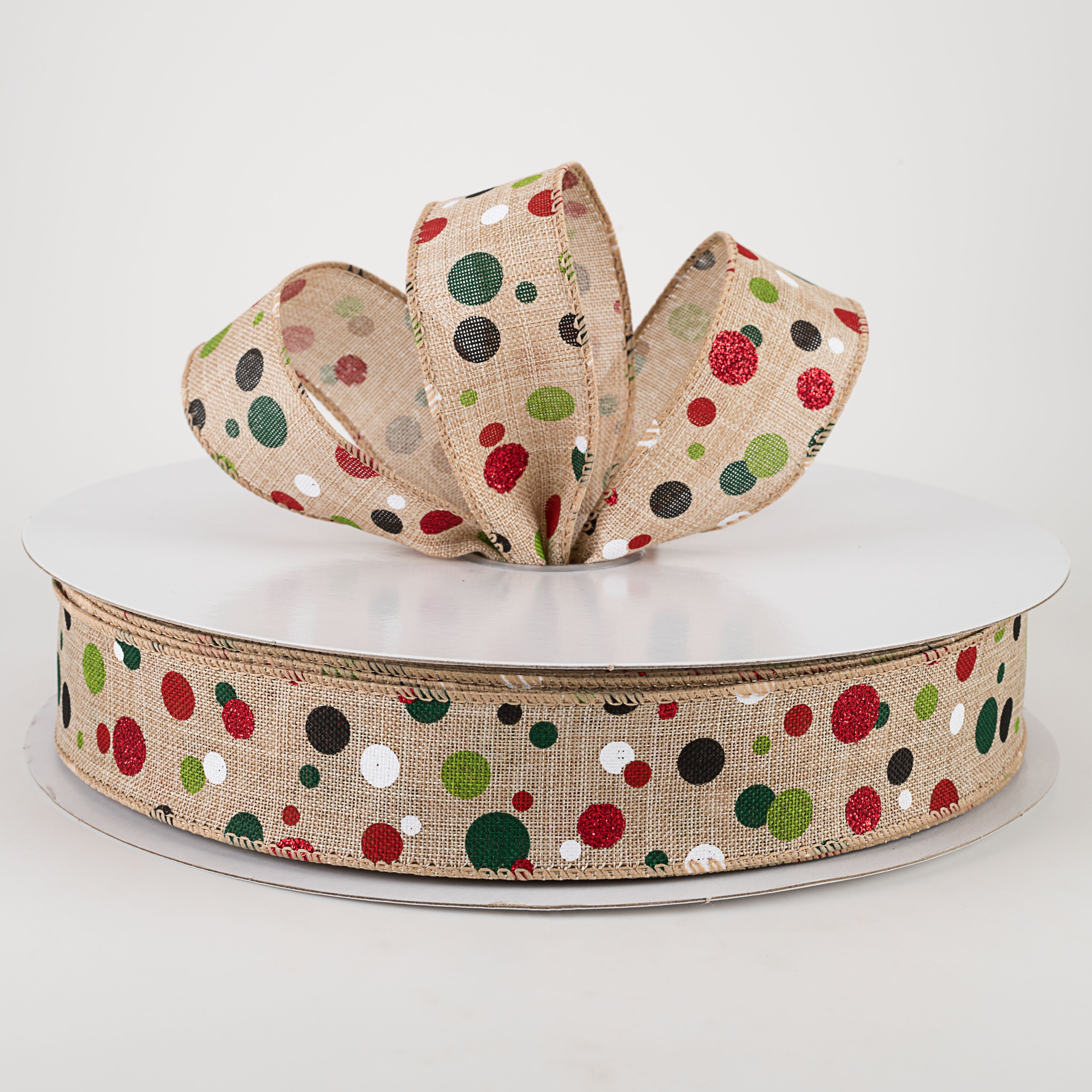1.5 Inch Christmas Dots Ribbon - 50 Yards Natural Cotton Ribbon for Gift Wrapping, Tree Decorations, and Holiday Crafts