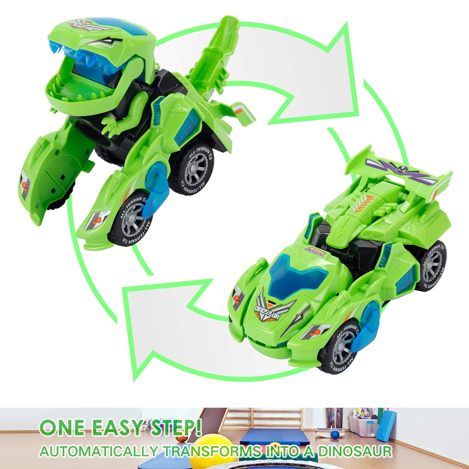 2-in-1 Transforming Dinosaur LED Car Toy - Automatic Dino Transformer Vehicle with Lights for Kids Ages 3-12 (Green) | STEM Learning Toy for Pretend Play & Nighttime Fun