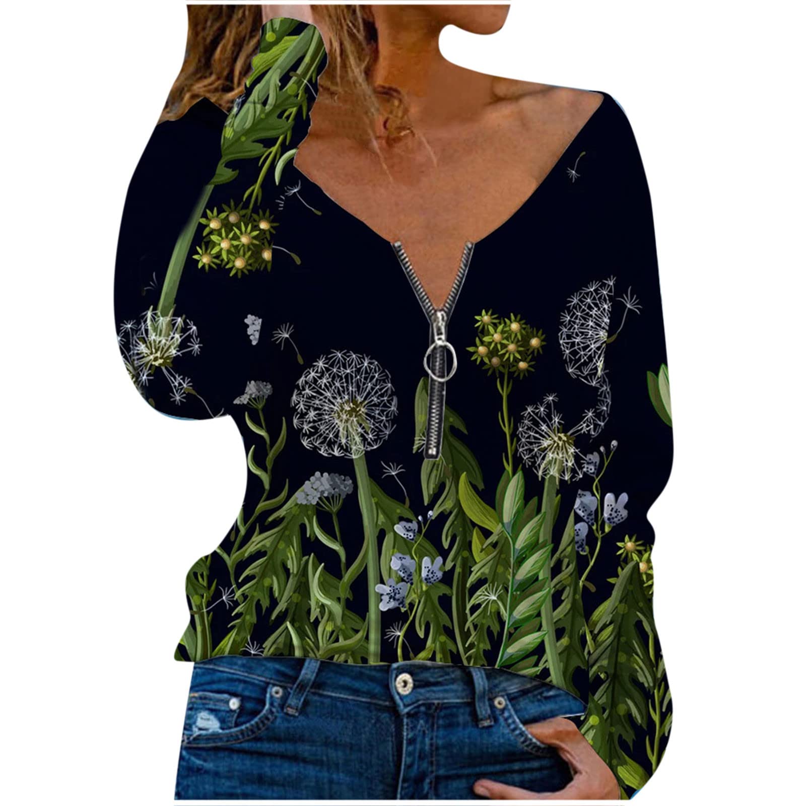 Women's Casual Butterfly Graphic Long Sleeve Zip Up V-Neck T-Shirt - Loose Fit Comfortable Blouse for Going Out | Perfect for Spring Outfits, Date Nights & Weekend Wear