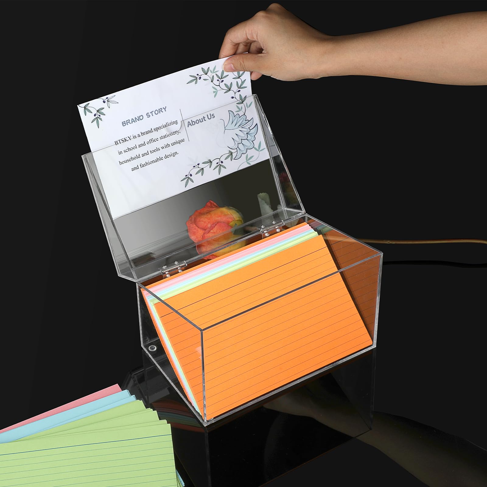 BTSKY Clear Acrylic 5 x 8 inch Index Card Box with Sign Lid - Durable Plastic Storage Organizer for Index Cards, Note Cards, Flashcards & Recipes | Perfect for Office, School, Kitchen & Home Organization