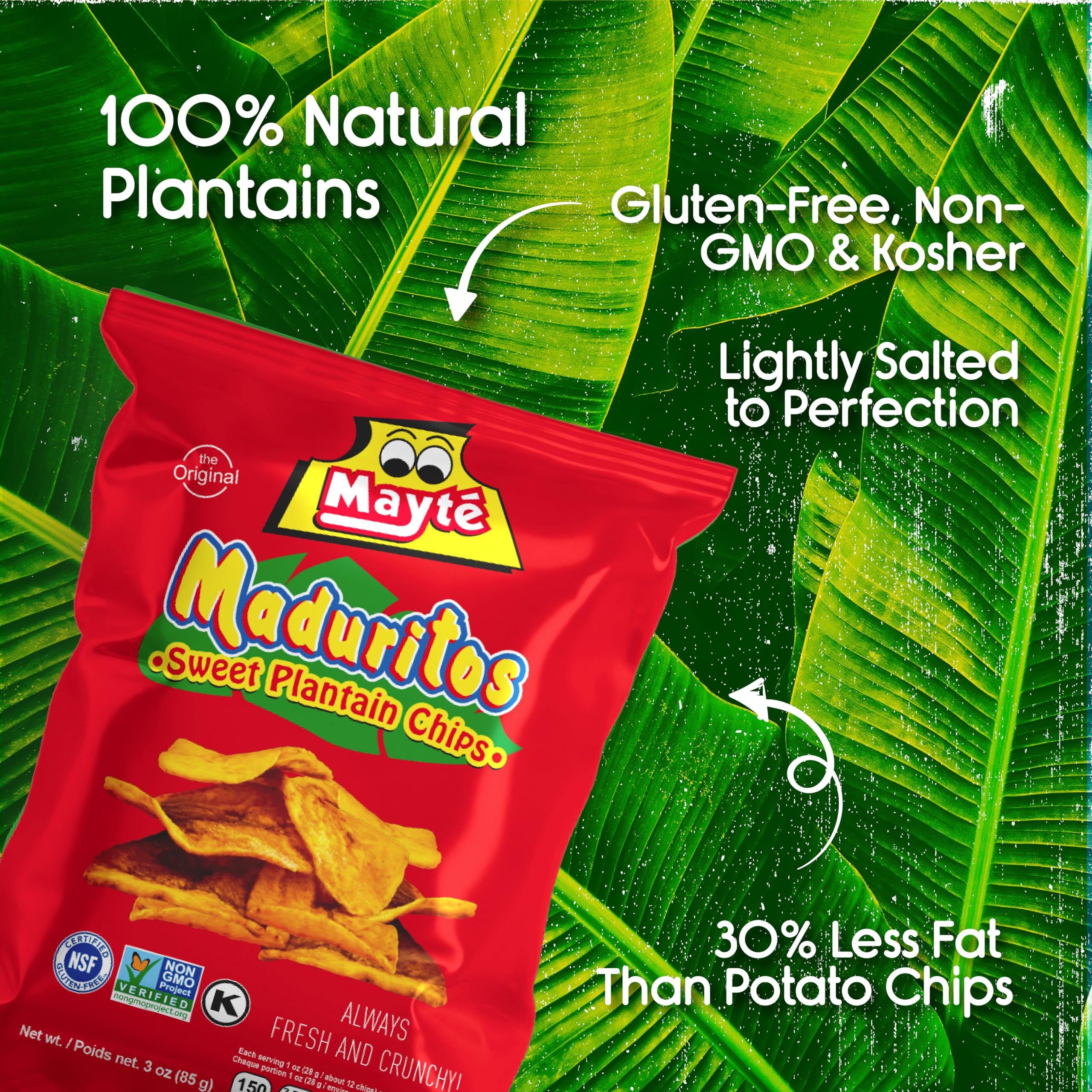 Mayté Sweet Potato Chips & Plantain Chips - 3oz Non-GMO, Gluten-Free, Kosher Snacks - Healthy Vegan Snack for Parties, Travel & On-The-Go