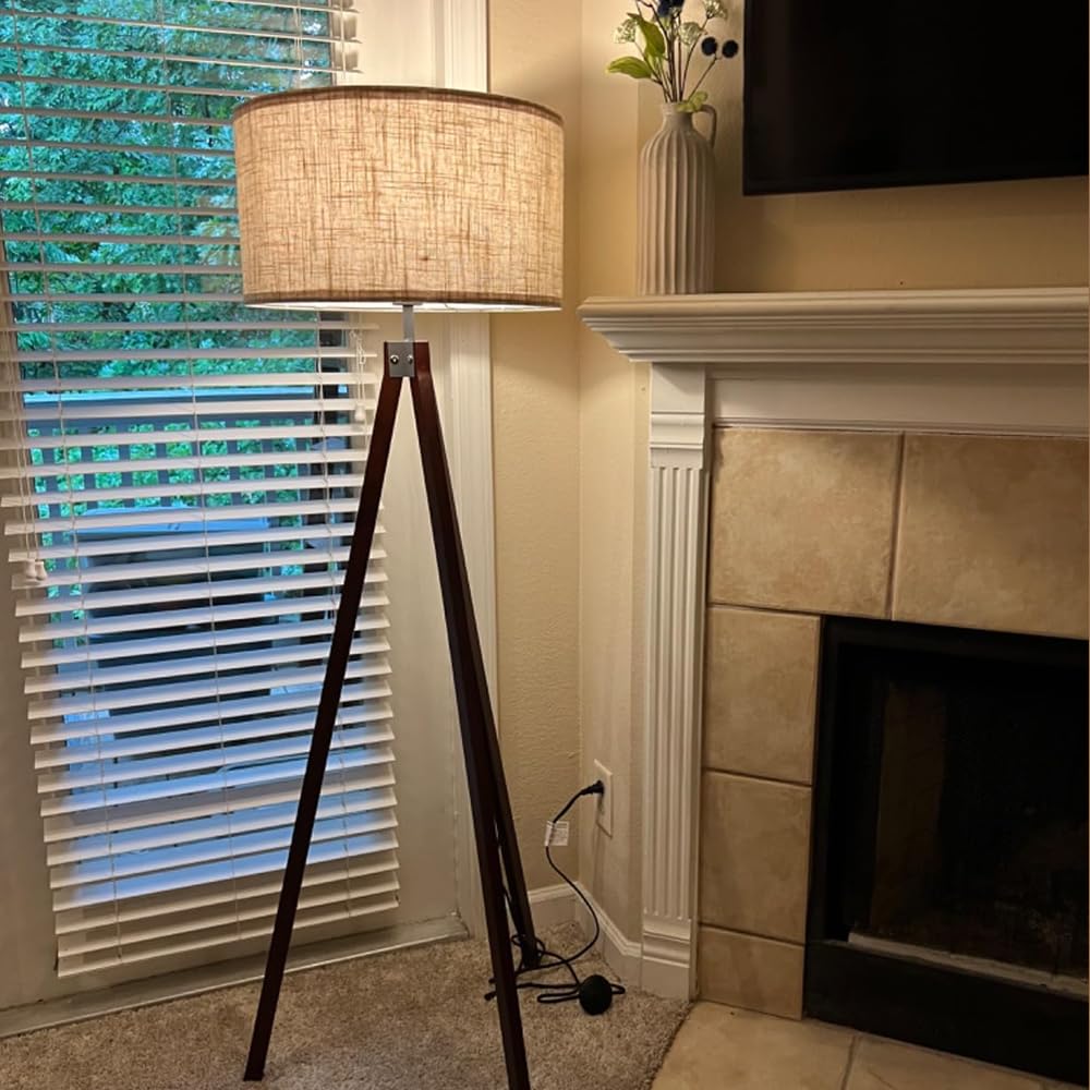 LEPOWER Mid Century Modern Wood Tripod Floor Lamp - Walnut Finish with Flaxen Shade, E26 Base - Perfect for Living Room, Bedroom, Study & Office Lighting | Reading Lamp, Task Light, Ambient Lighting Solution