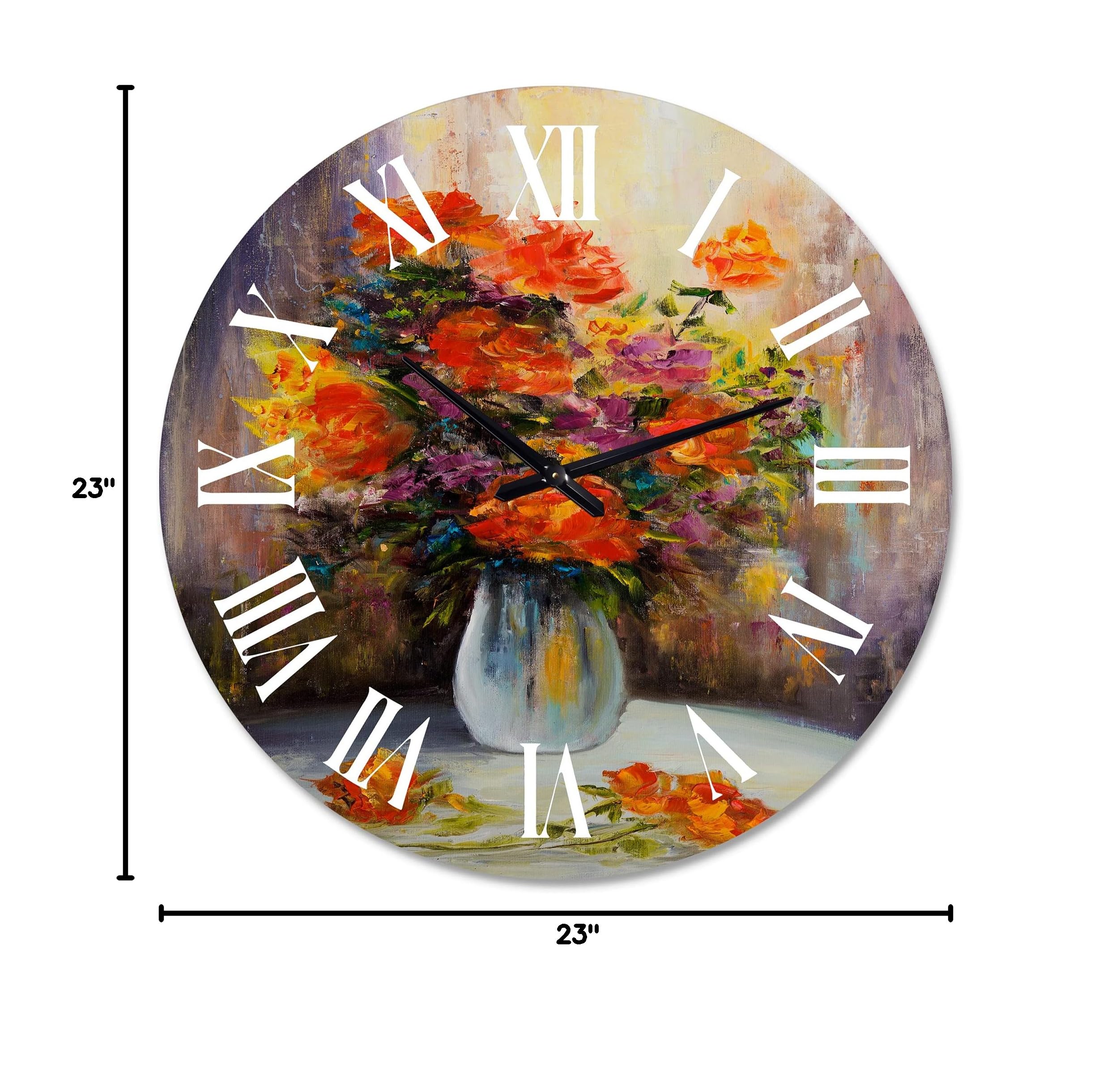 DesignQ Traditional Wall Clock - Still Life Bouquet with Red & Yellow Flowers - Large Floral Wall Clock for Kitchen, Living Room, Bedroom Decor - Perfect for Home & Office