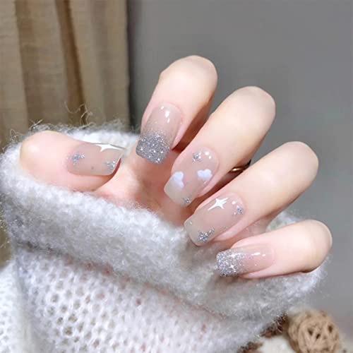 Silver Star Press on Nails - 24PCS Glossy Full Cover Fake Nails with Glue Sticker, DIY Acrylic Nail Tips for Women & Girls - Perfect for Parties, Weddings, and Everyday Glam