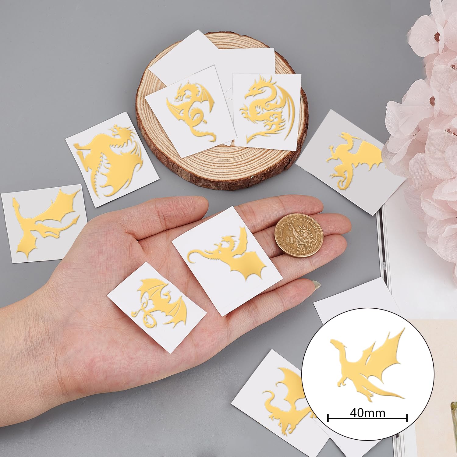 OLYCRAFT 9-Piece 1.6x1.6 Inch Dragon Design Self-Adhesive Metal Stickers - Gold Decorative Stickers for DIY Scrapbooking, Resin Crafts, Phone Cases & Laptop Decoration | Perfect for Journals, Water Bottles & Skateboard Customization