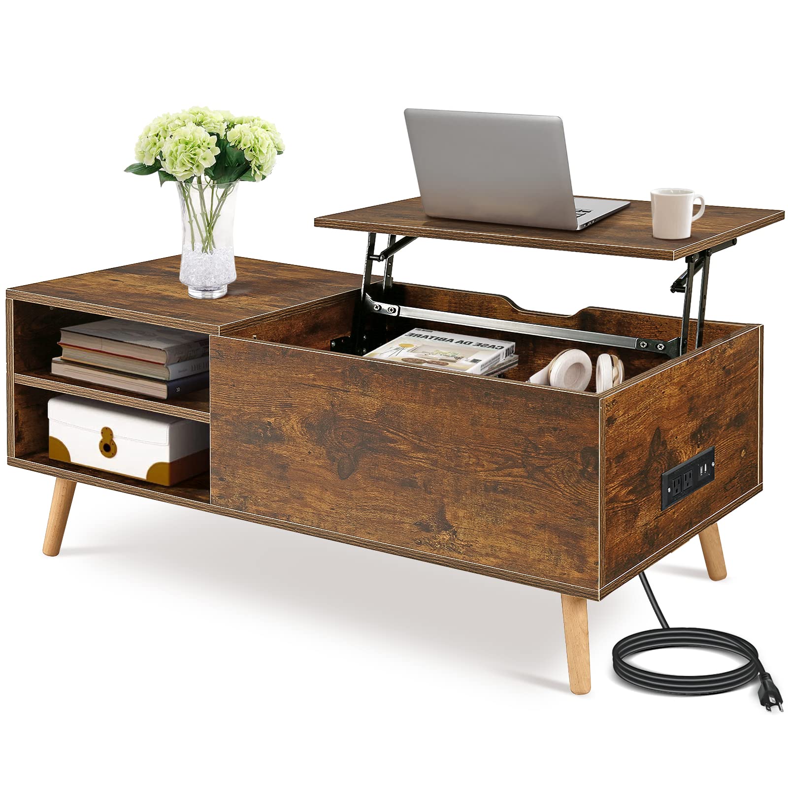 Hommpa Lift Top Coffee Table with USB Charging Station, Hidden Storage & Shelf - Modern Wood Lift Tabletop Center Cocktail Table for Living Room, Home Office, Small Space - Espresso Brown