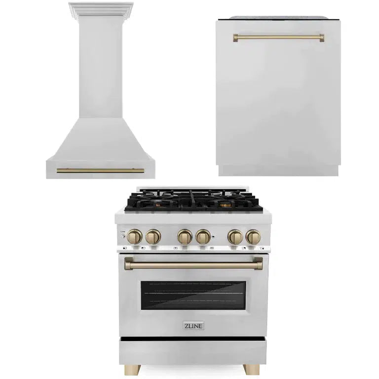 ZLINE Autograph Edition 30-inch Stainless Steel Dual Fuel Range & Range Hood Kitchen Package with Champagne Bronze Accents - Professional Gas Stove & Ventilation System for Home Chefs | Ideal for Modern Kitchens, Cooking Enthusiasts & Gourmet Meal Preparation