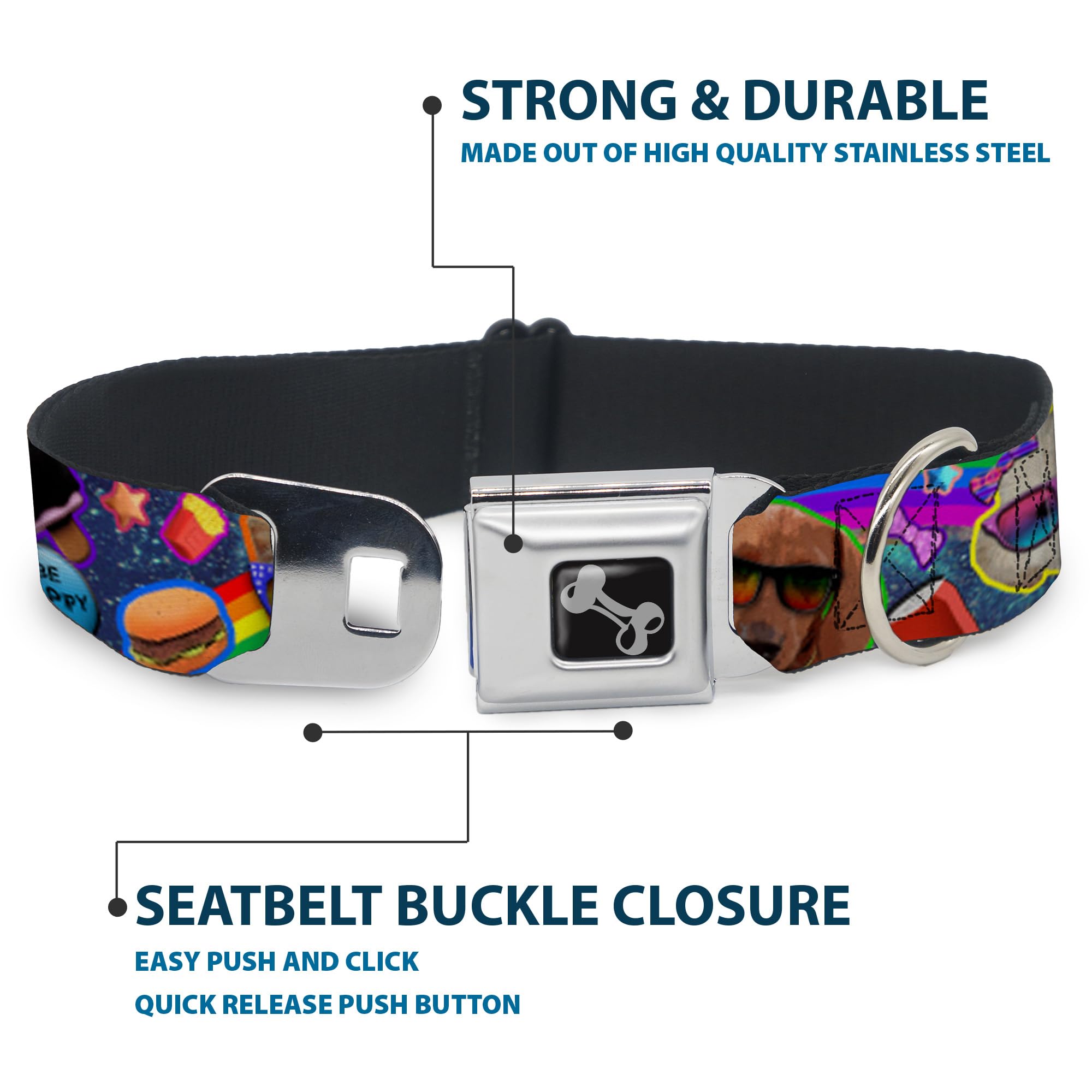 Buckle-Down Seatbelt Buckle Dog Collar - Rainbow Collage Design - 1.5