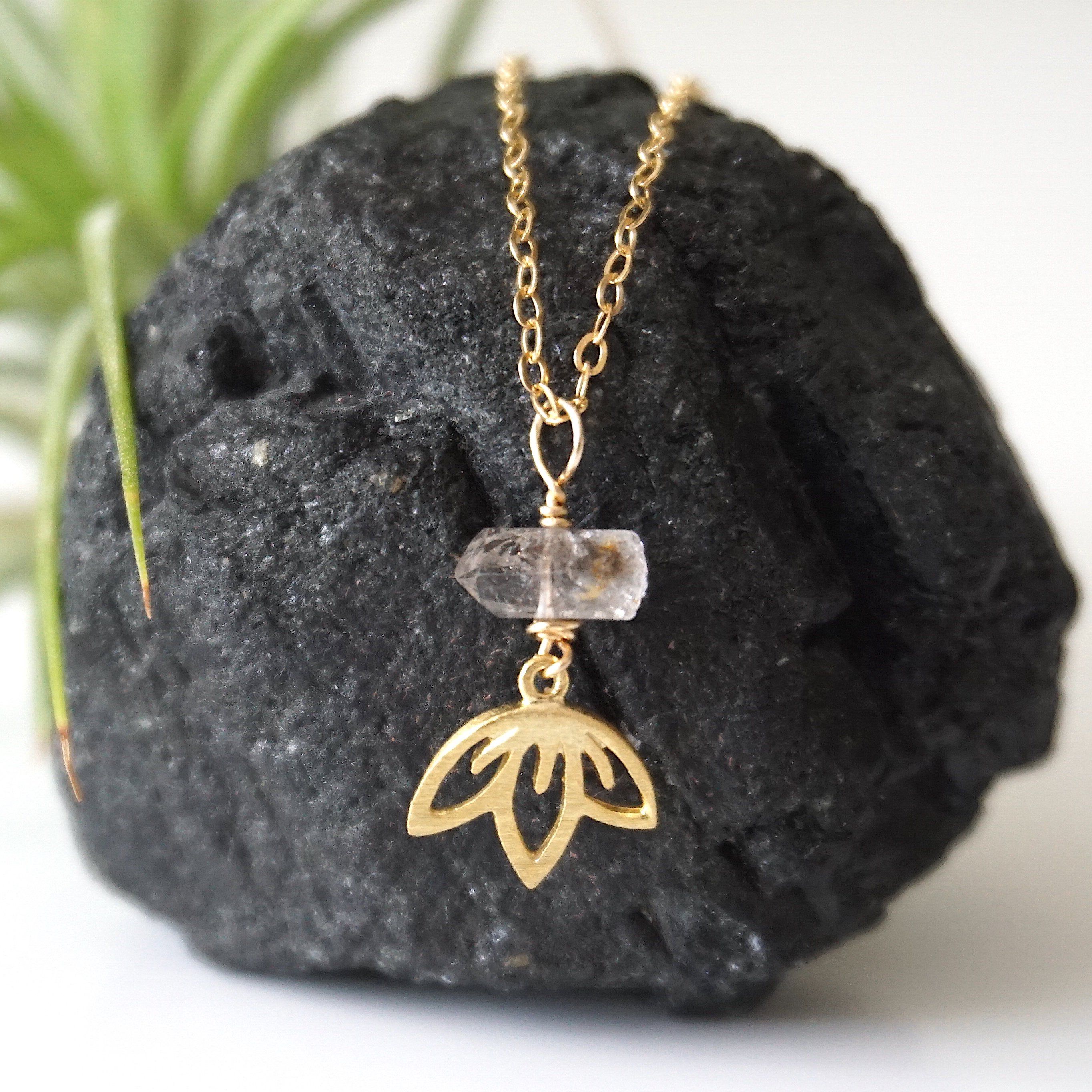 Herkimer Diamond Necklace - 14K Gold Filled Beaded Lotus Charm Pendant Jewelry for Women, Gift for Her, Birthday, Anniversary & Special Occasions