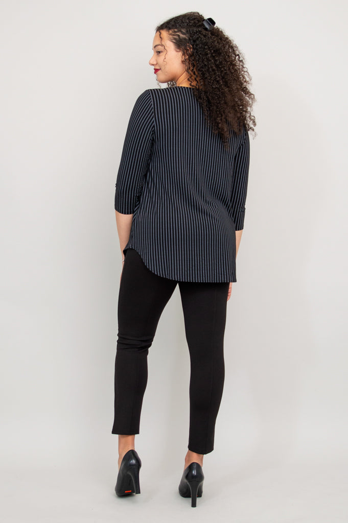 Jazz 3/4 Sleeve Top - Black & Grey Striped Bamboo Fabric - Women's Casual Shirt for Summer & Fall - Perfect for Concerts, Office & Everyday Wear