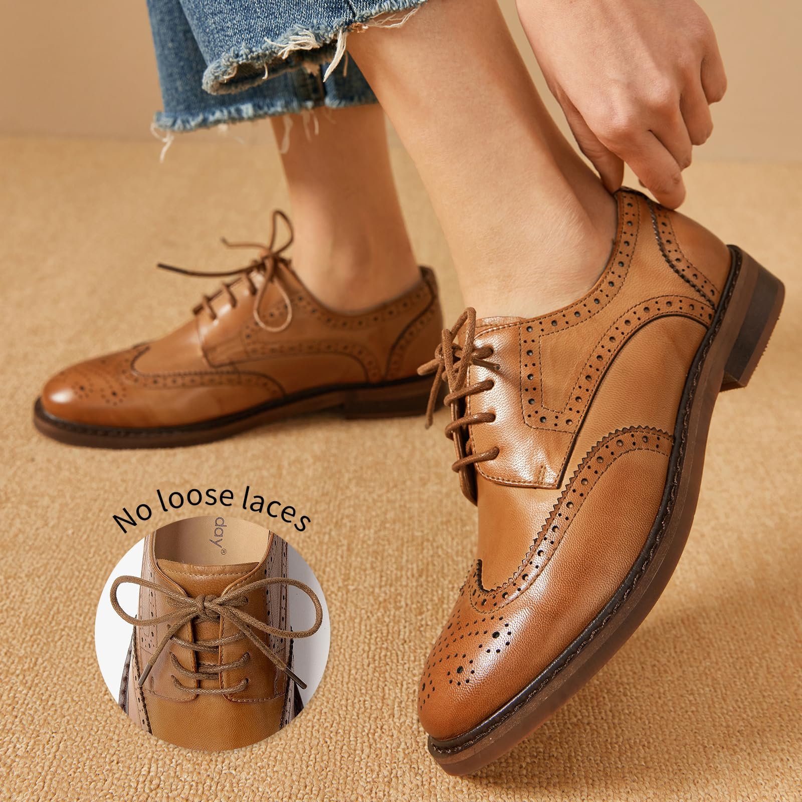 BEAU TODAY Women's Leather Oxford Brogue Dress Shoes - Breathable Comfort Wingtip Lace-Up Handmade Business Work Shoes for Professional & Formal Occasions
