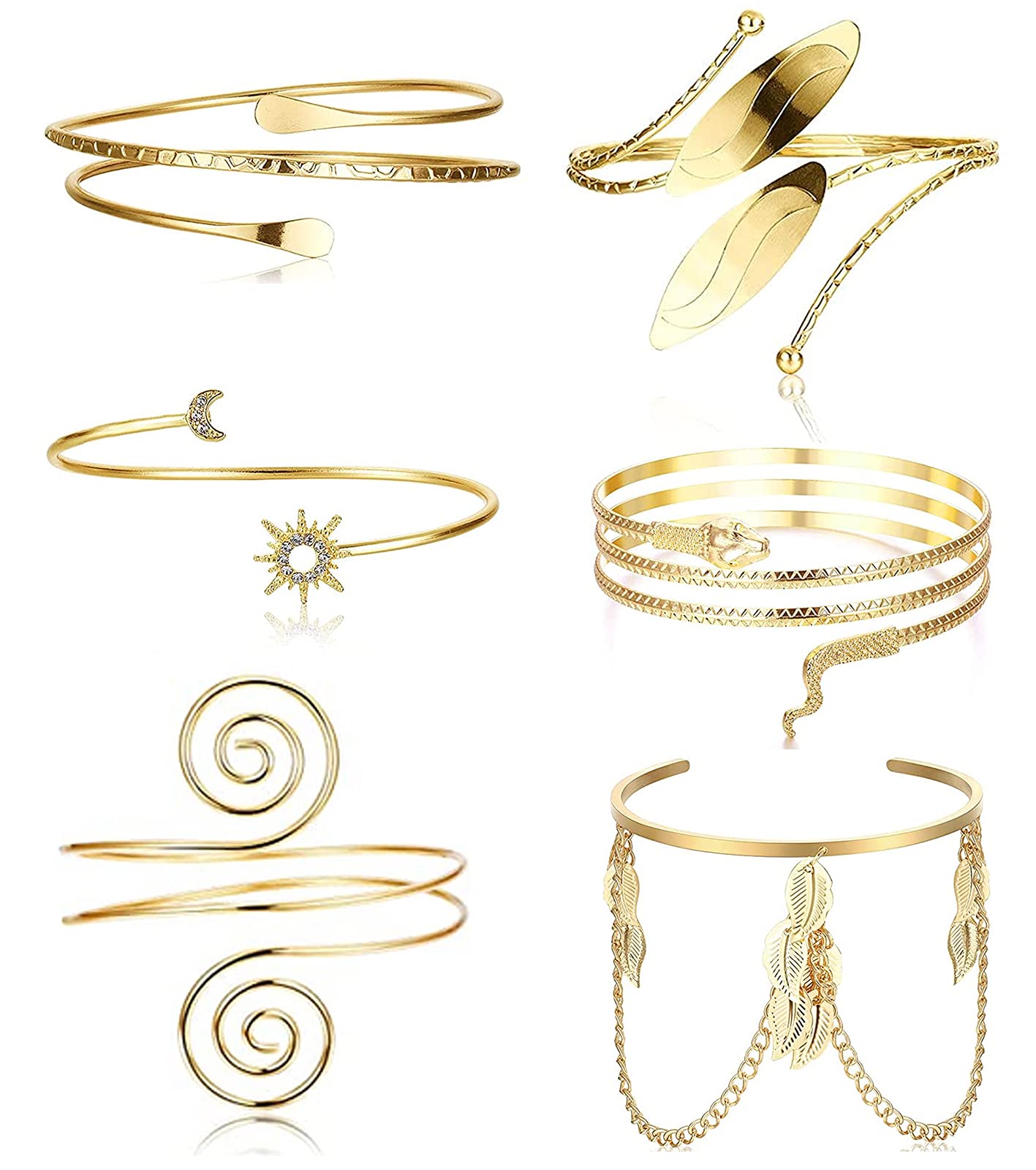 Jstyle 6Pcs Stretchable Open Cuff Bracelet Set for Women - Adjustable Gold & Silver Arm Bands, Boho Chic Arm Cuffs - Perfect for Parties, Festivals and Everyday Fashion Accessories