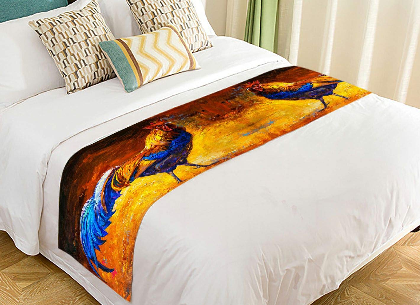 ABPHQTO Colorful Rooster Modern Impressionism Bed Runner - 20x95 Inch Decorative Bed Scarf for Home Decor | Perfect for Master Bedroom, Guest Room & Farmhouse Style