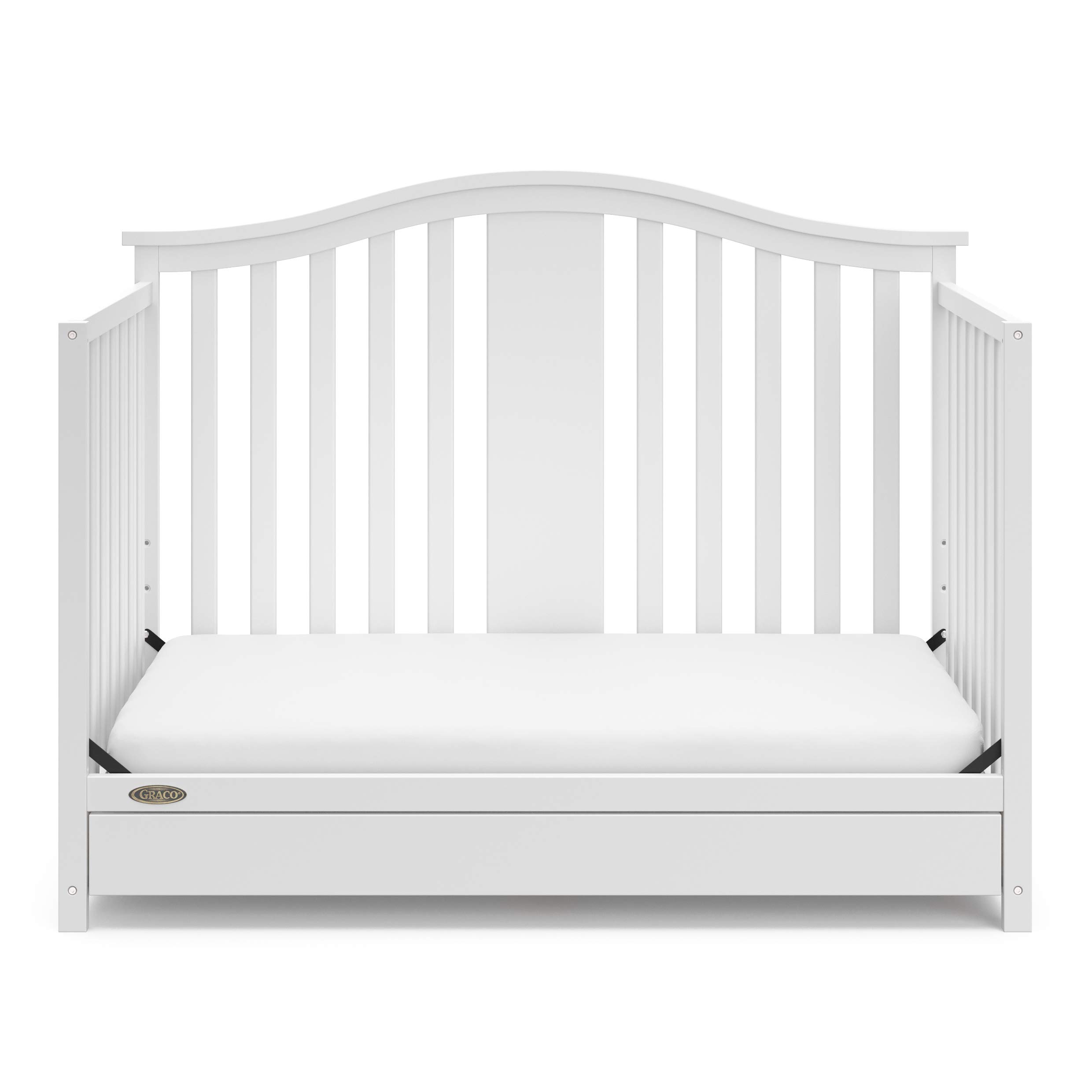 Graco Solano 4-in-1 Convertible Crib with Storage Drawer - GREENGUARD Gold Certified, White Nursery Furniture Converts to Toddler & Full-Size Bed | Safe Baby Crib for Nursery, Bedroom & Daycare Use